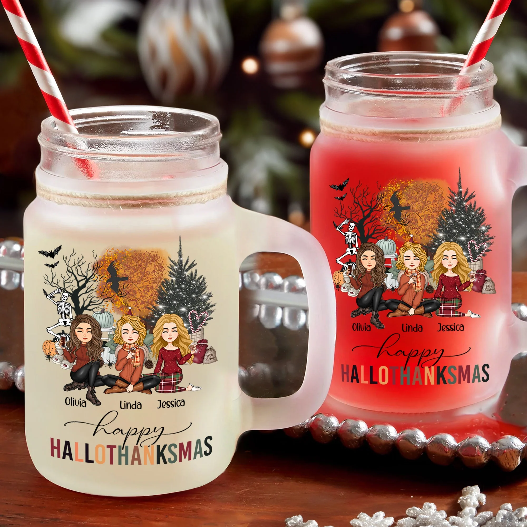 Happy Hallothanksmas Besties Friendship - Personalized Mason Jar Cup With Straw - Image 2