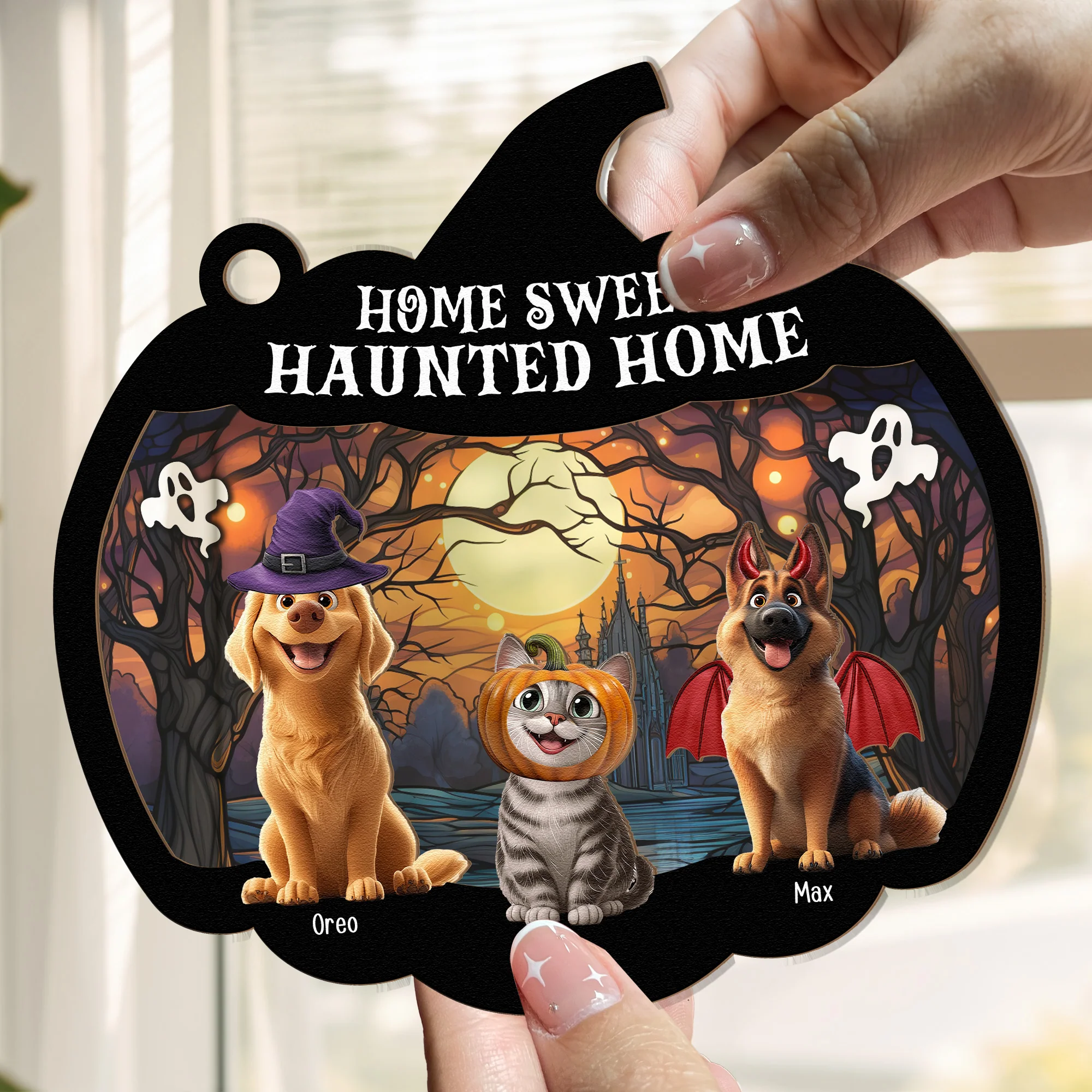 Happy Halloween Home Sweet Haunted Home - Personalized Window Hanging Suncatcher Ornament - Image 2