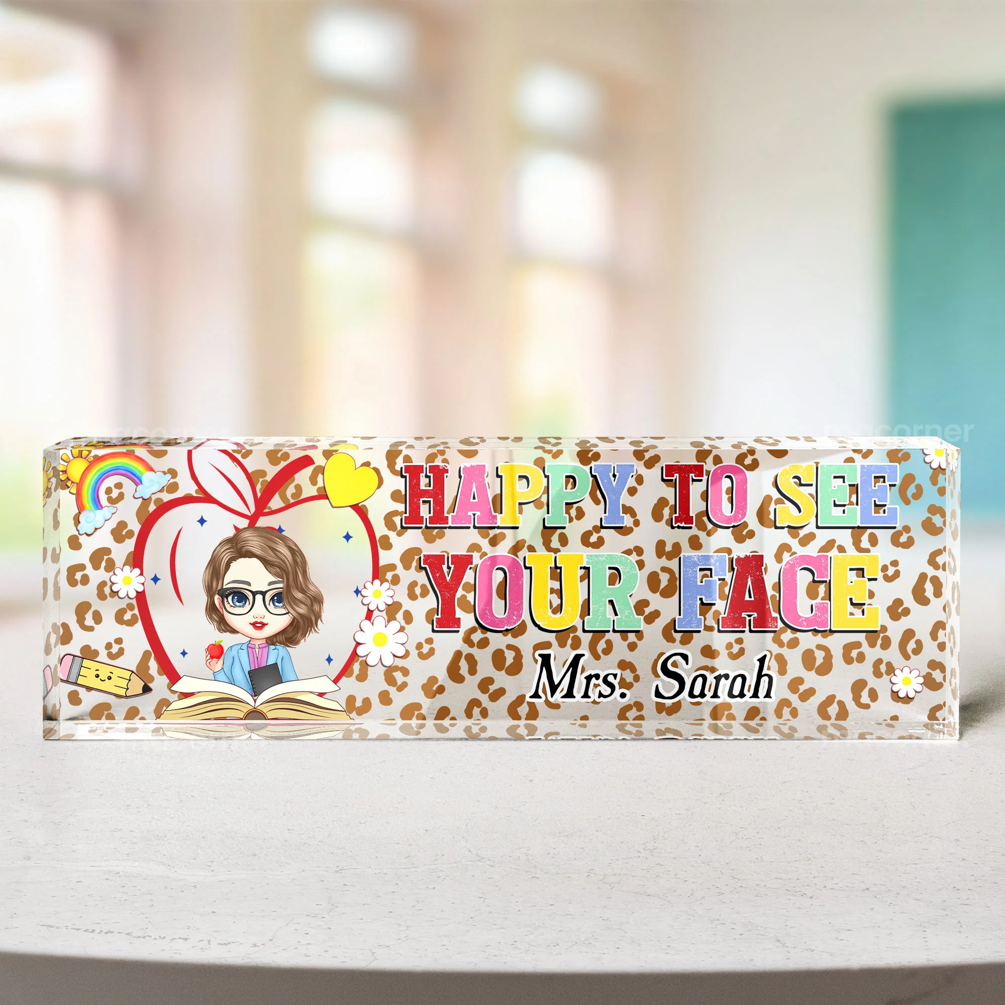 Happy To See Your Face Leopard Pattern Teacher Name Plate - Personalized Name Plate - Image 2