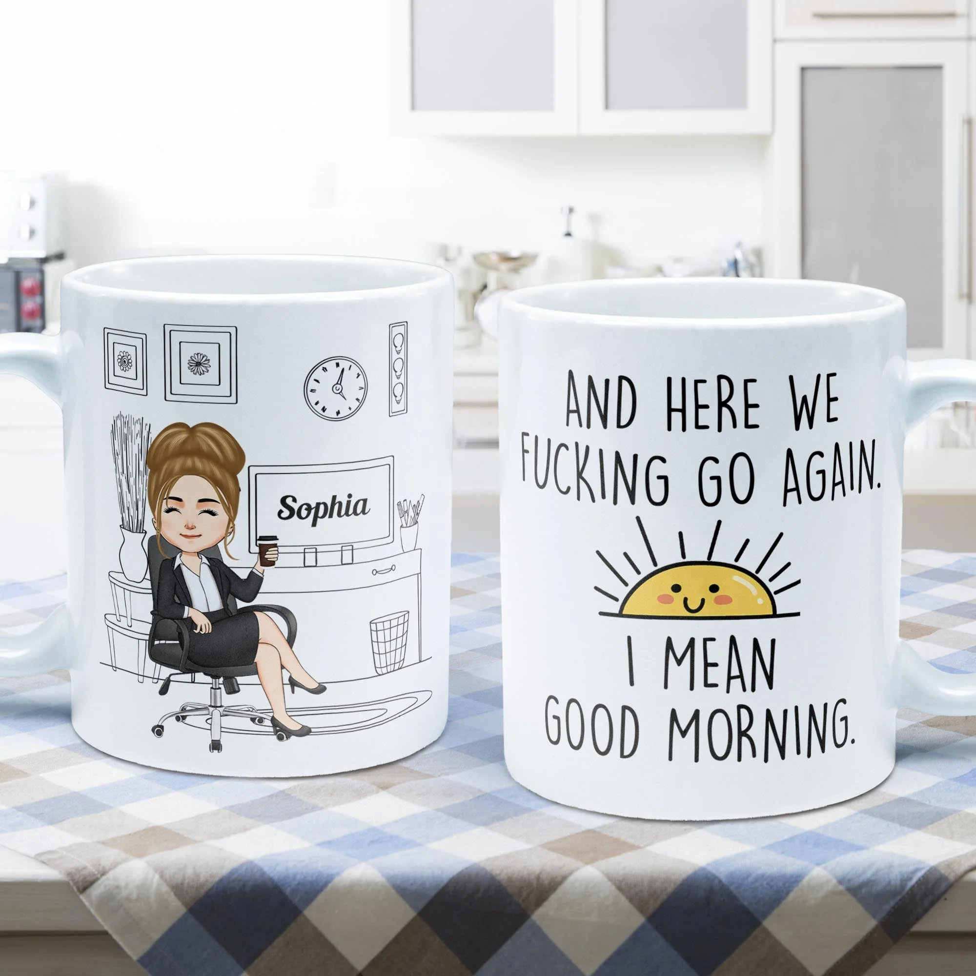 Here We F@Cking Go Again I Mean Good Morrning - Personalized Mug - Sarcastic, Funny Gift For Colleagues, Boss Lady, Office Lady - Image 3