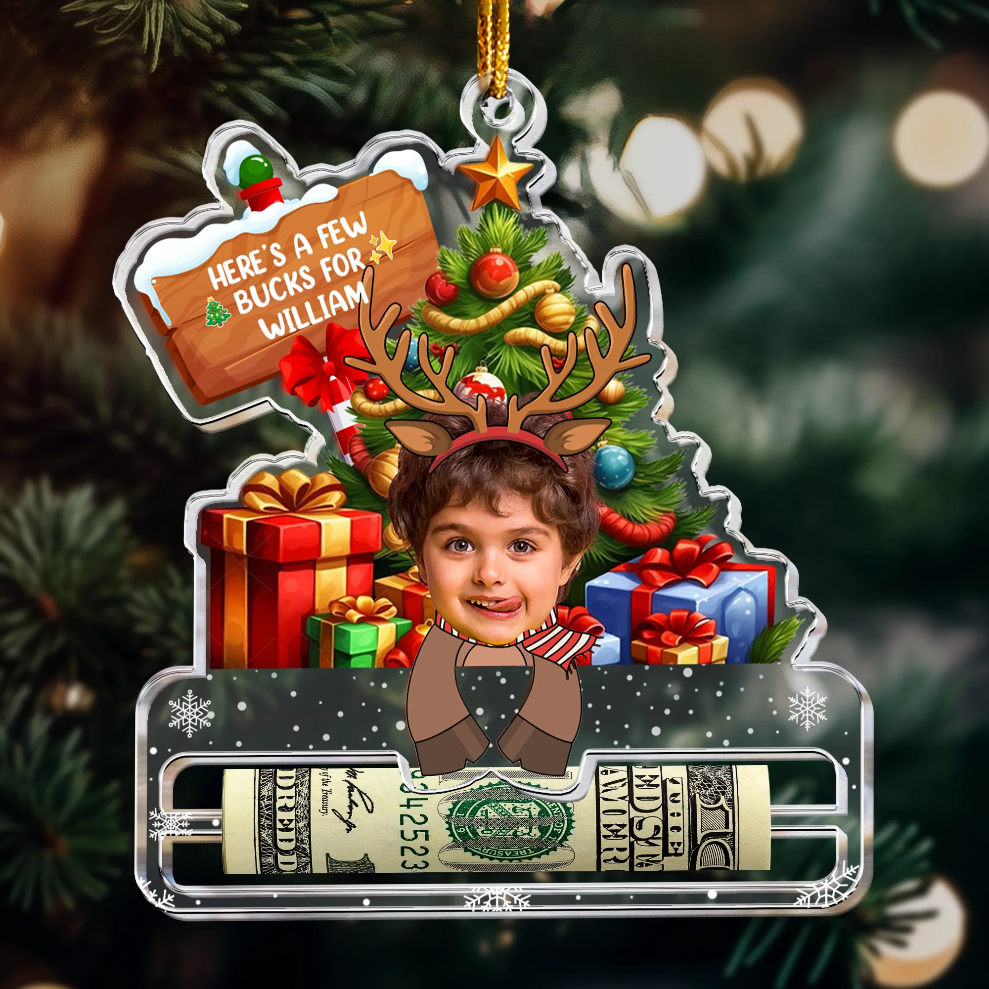 Here's A Few Bucks For Christmas Santa Money Holder - Personalized Acrylic Photo Ornament - Image 2
