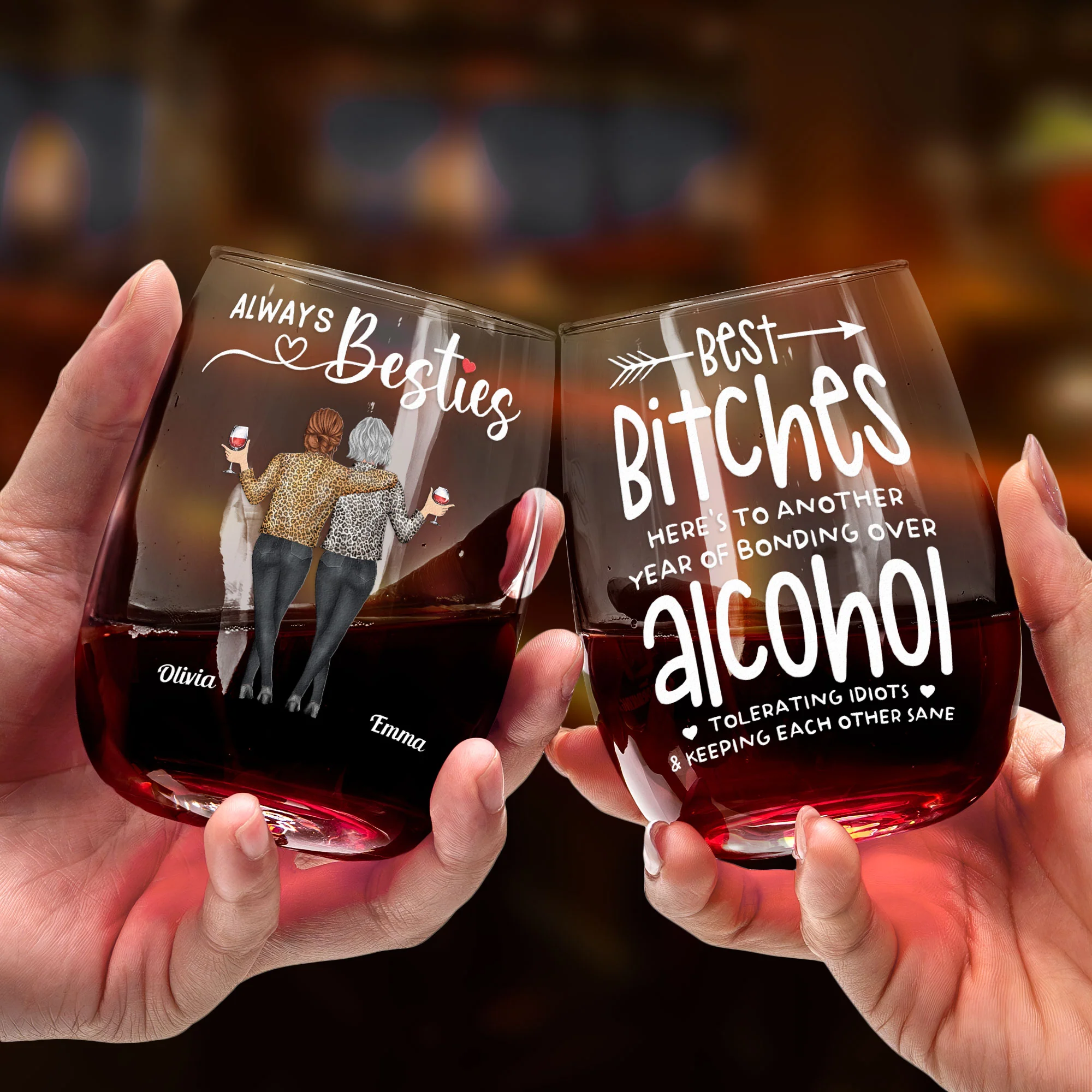 Here's To Another Year Of Laughing & Keeping Each Other Sane! - Personalized Stemless Wine Glass - Image 2