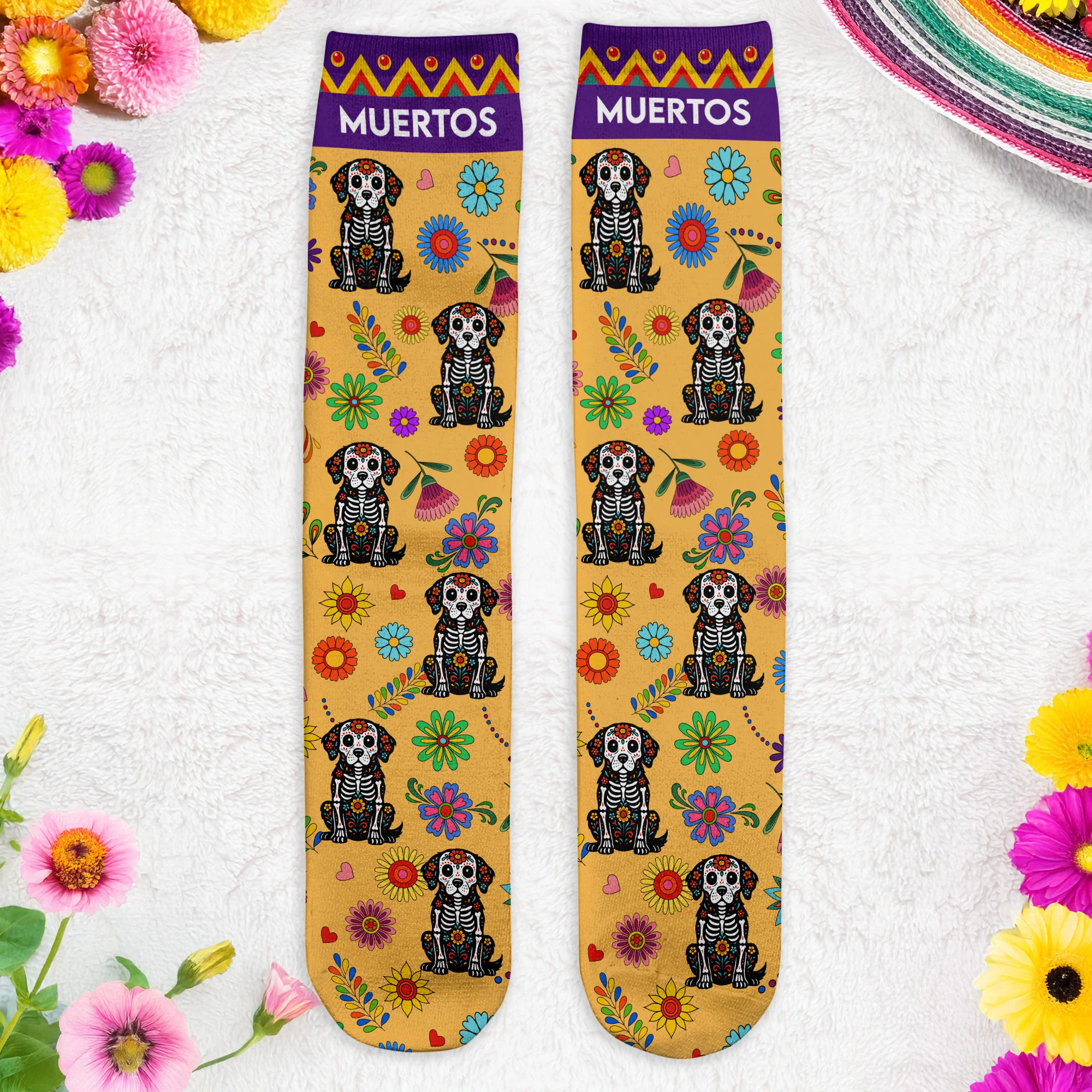 Hispanic Floral Pet Sugar Skull Halloween Day Of The Dead - Personalized Crew Socks - Image 4