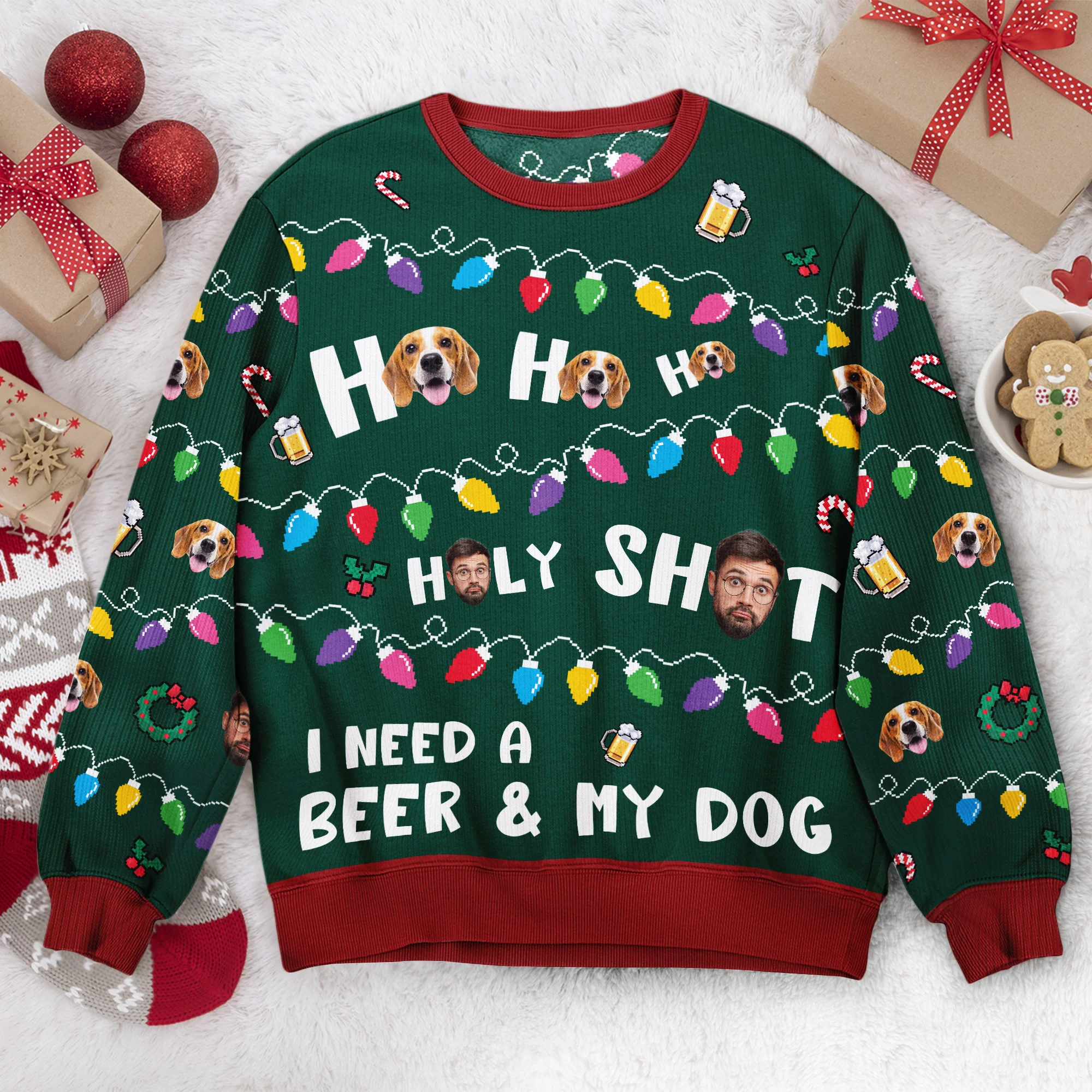 Ho Ho Holy I Need A Beer And My Dog - Personalized Photo Ugly Sweater - Image 2