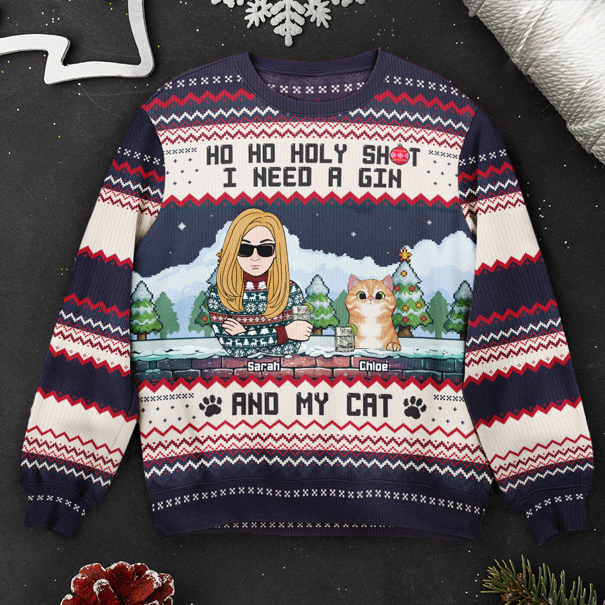 Ho Ho Holy I Need A Beer Bourbon Wine And My Cats - Personalized Ugly Sweater - Image 3