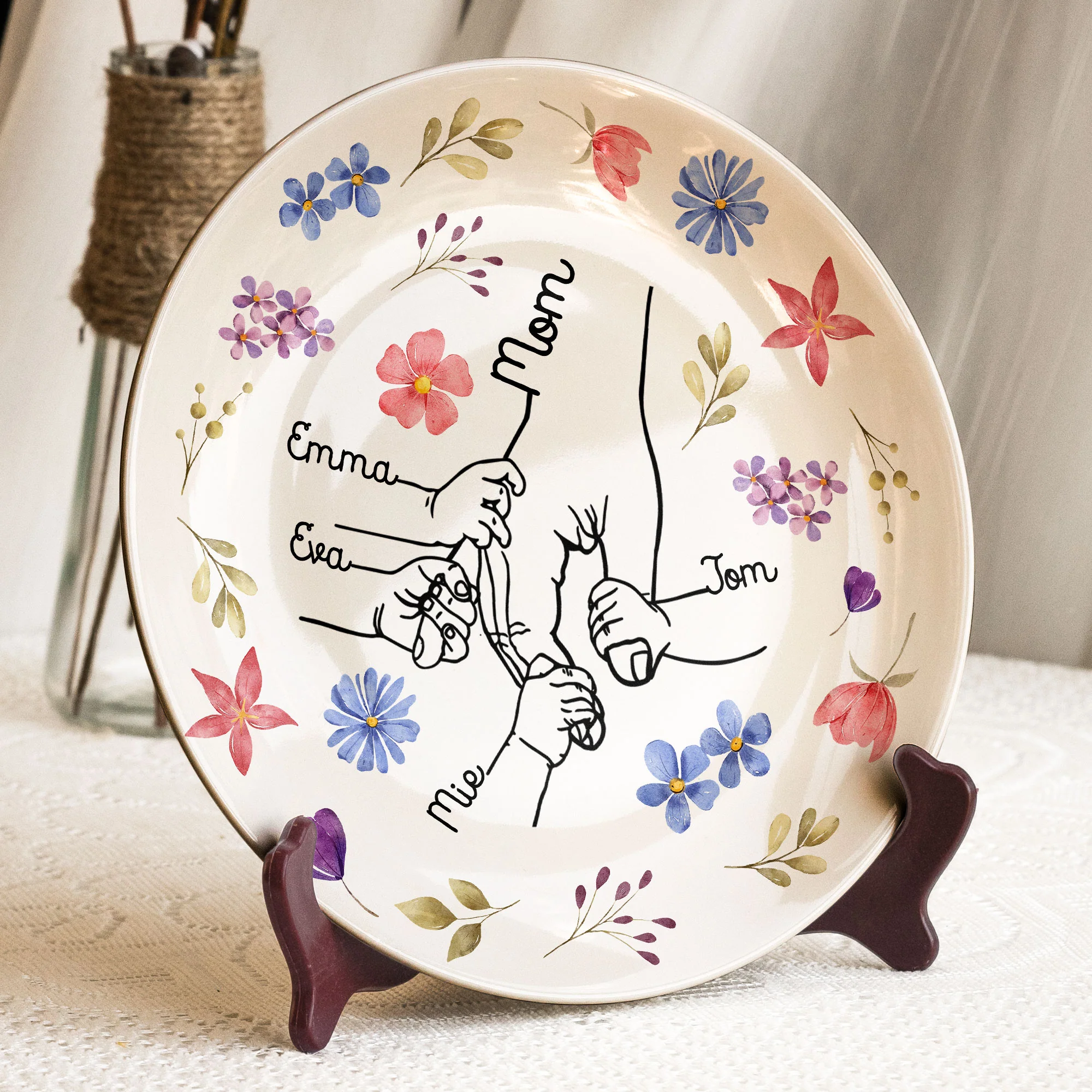 Holding Mom's Hand Custom Kid Name - Personalized Ceramic Plate - Image 2