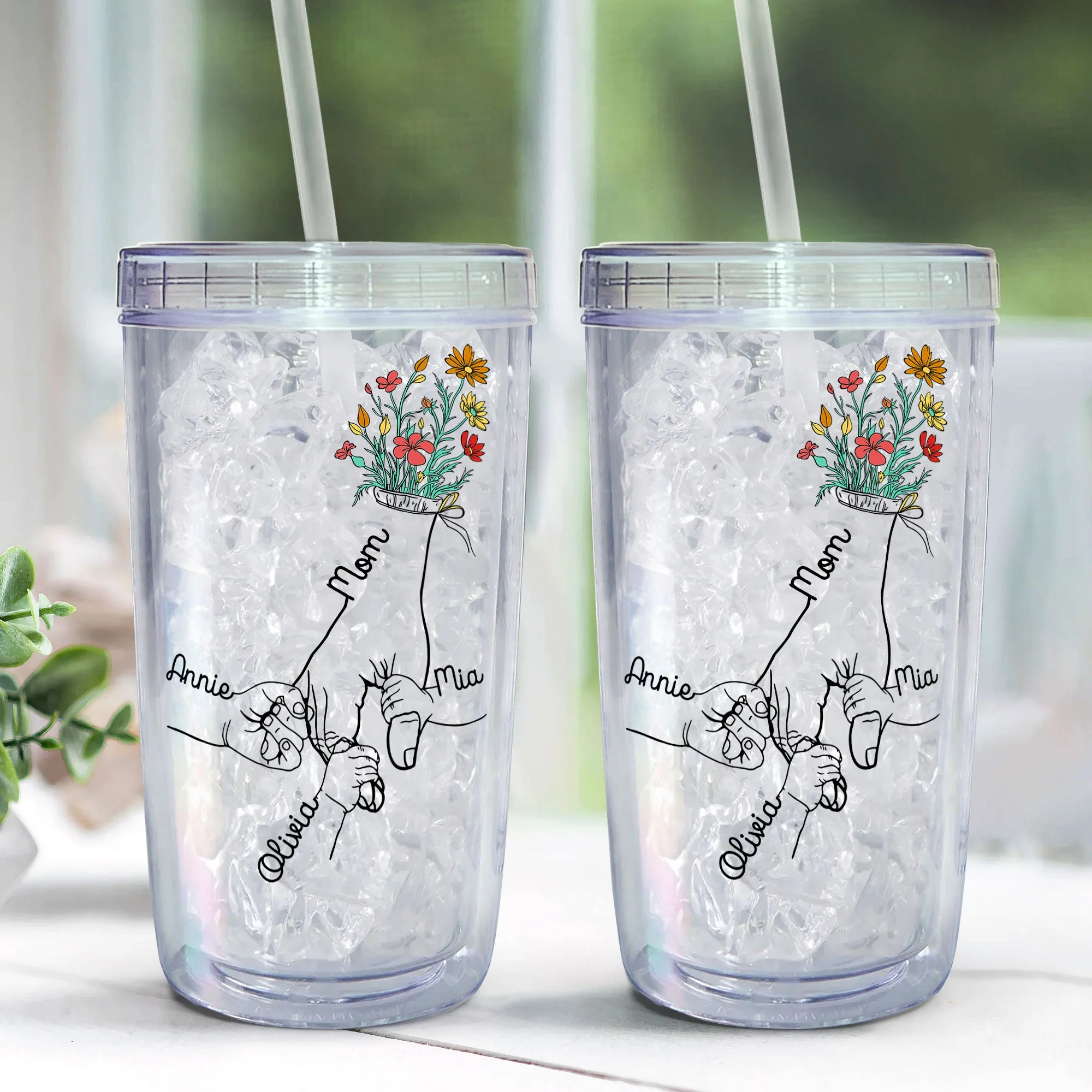 Holding Mom's Hand Wild Floral - Personalized Acrylic Tumbler With Straw - Image 4