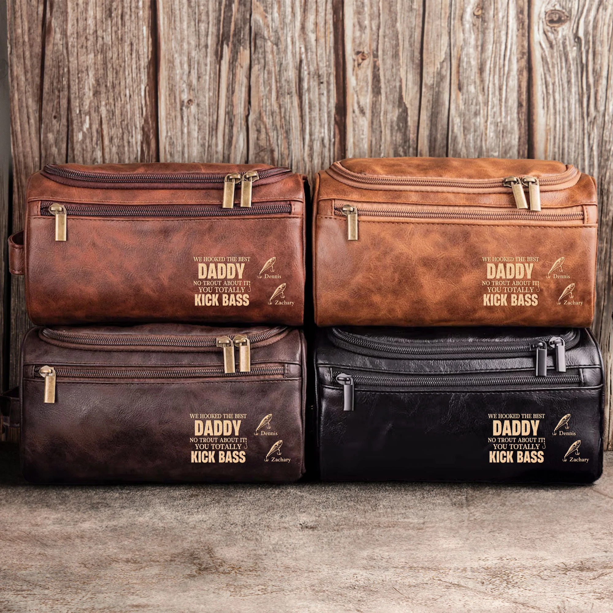 Hooked The Best Dad No Trout You Totally Kick Bass - Personalized Leather Toiletry Bag - Image 3