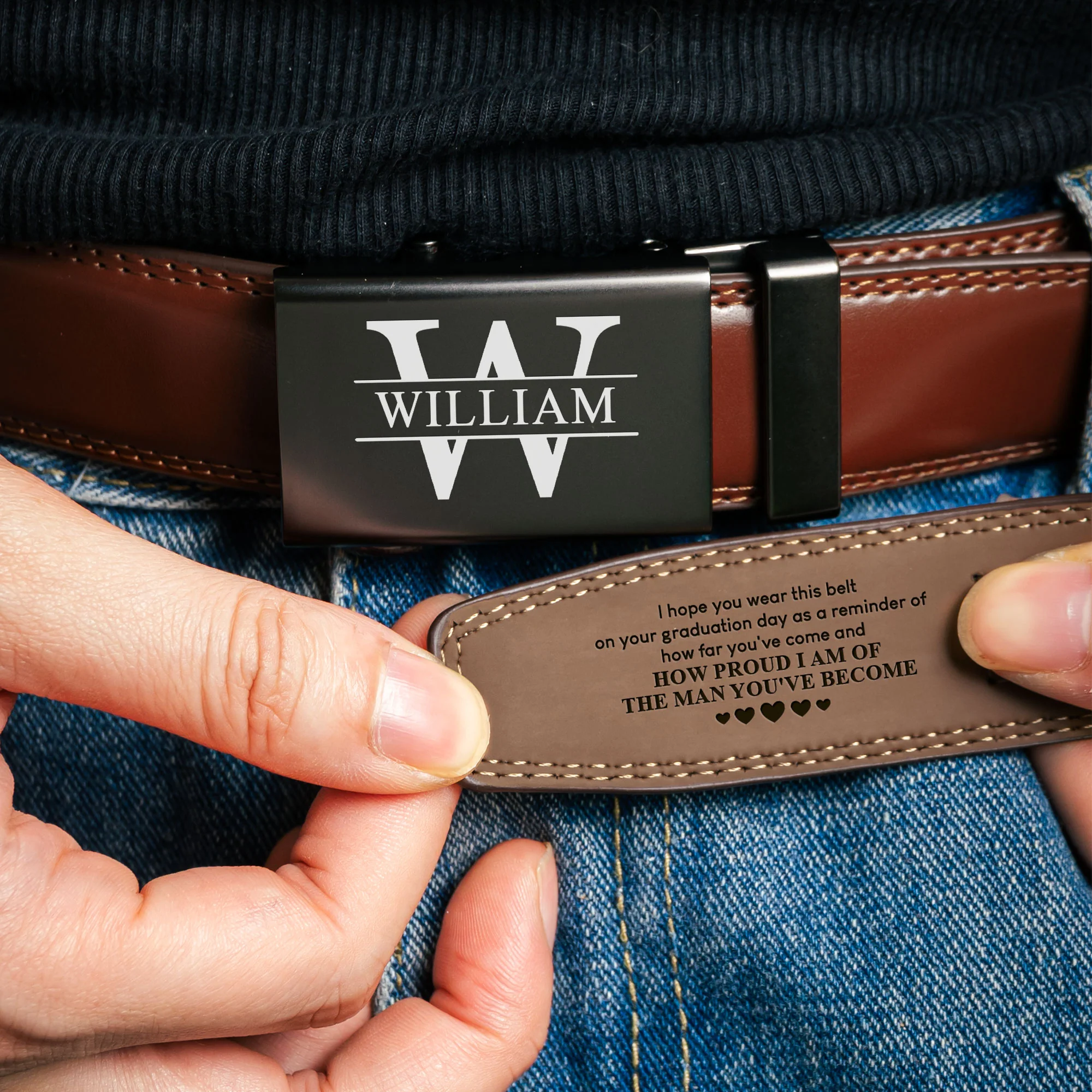 How Proud I Am Of The Man You've Become - Personalized Leather Belt With Engraved Buckle - Image 3