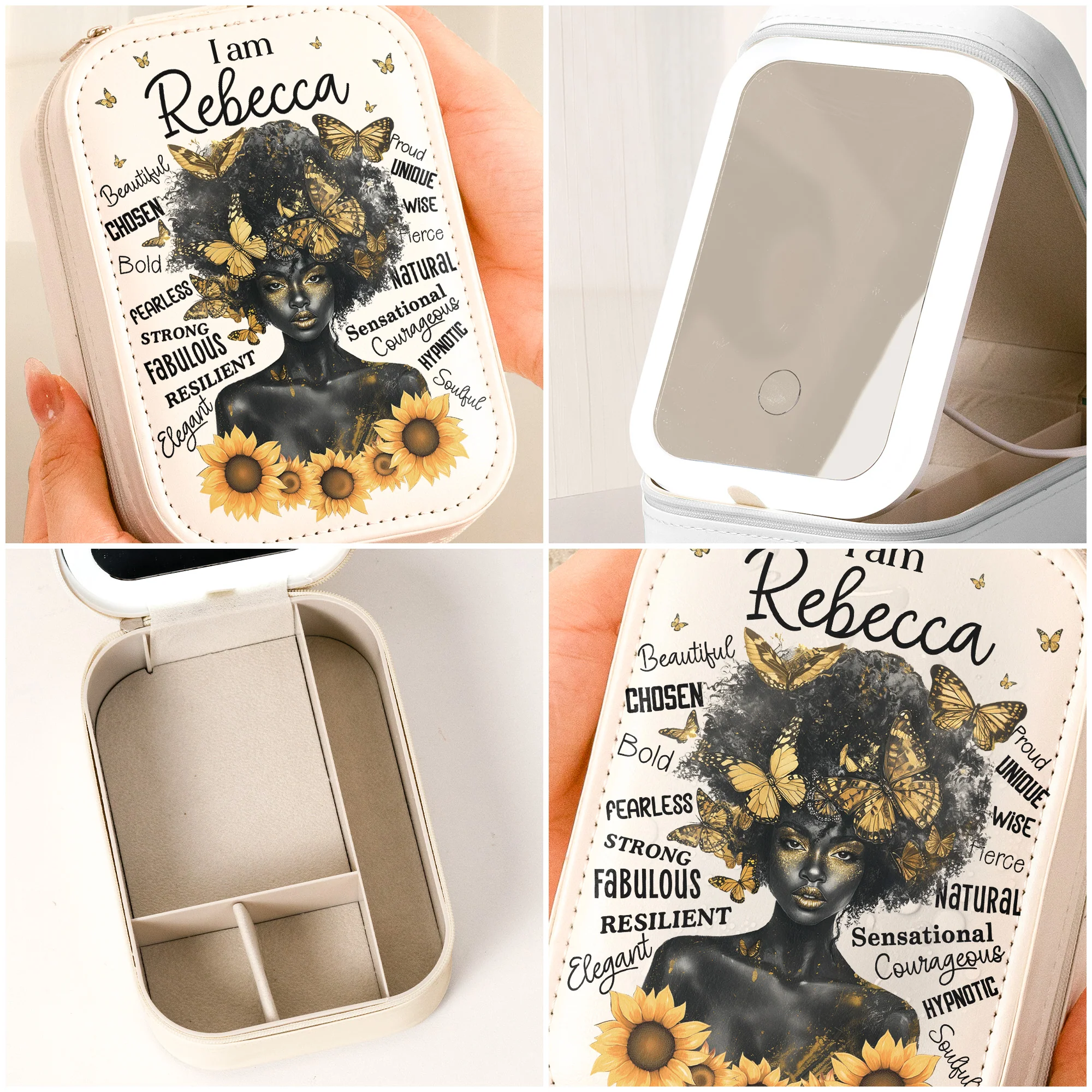 I Am Beautiful, Strong & Bold - Custom Makeup Box With LED Mirror - Image 3