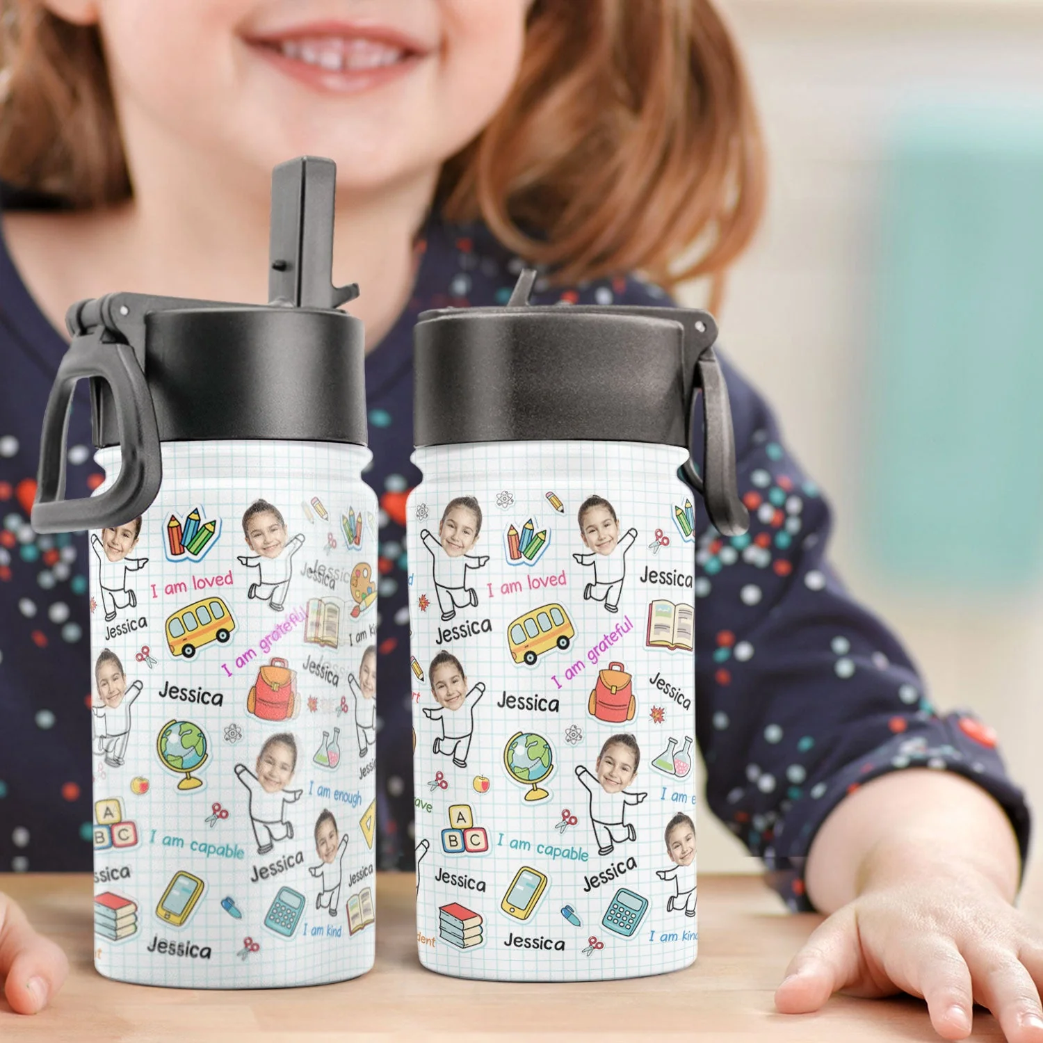 I Am Kind I Am Greatful - Personalized Kids Water Bottle With Straw Lid - Image 2
