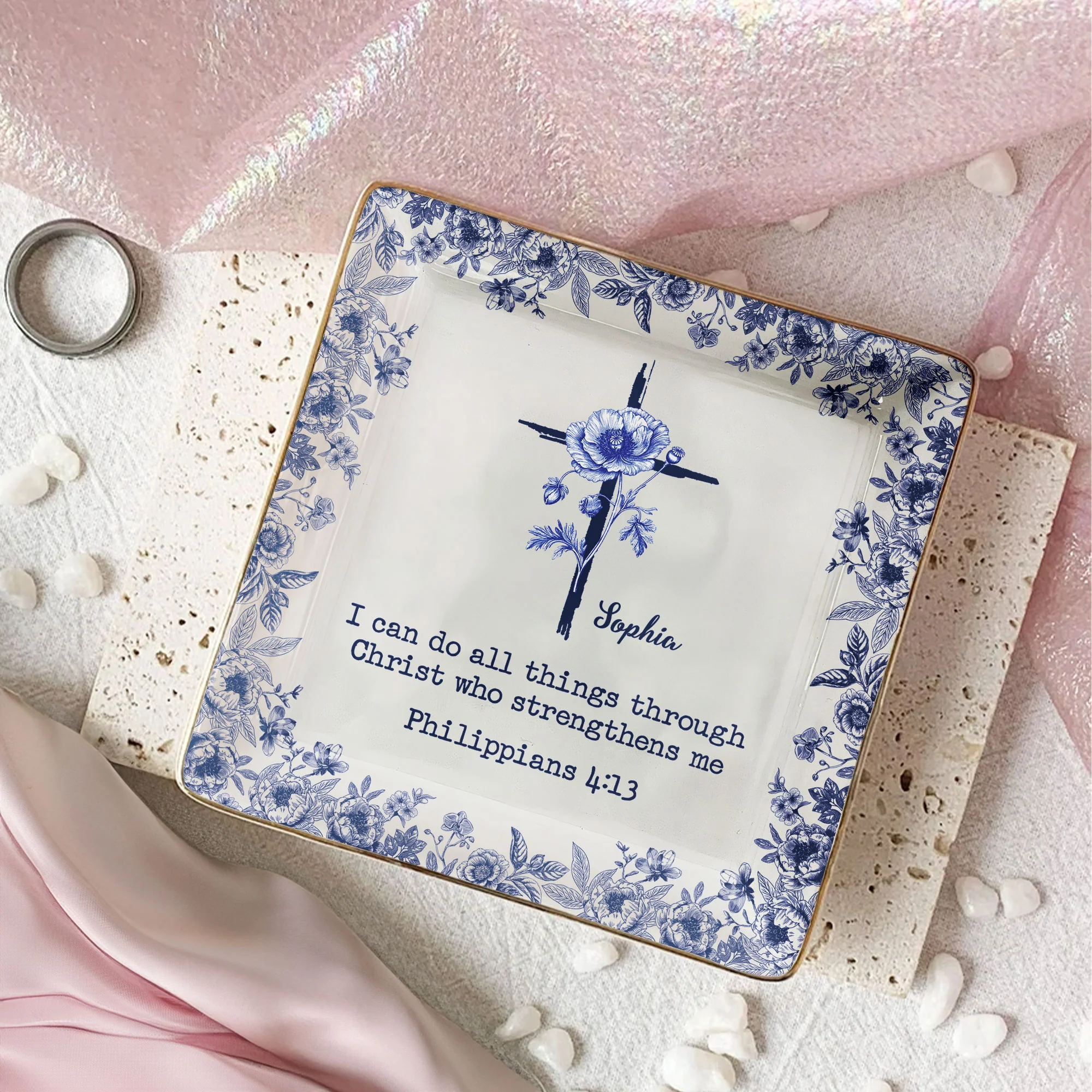 I Can Do All Things Birth Flower Toile De Jouy - Personalized Jewelry Dish - Image 2