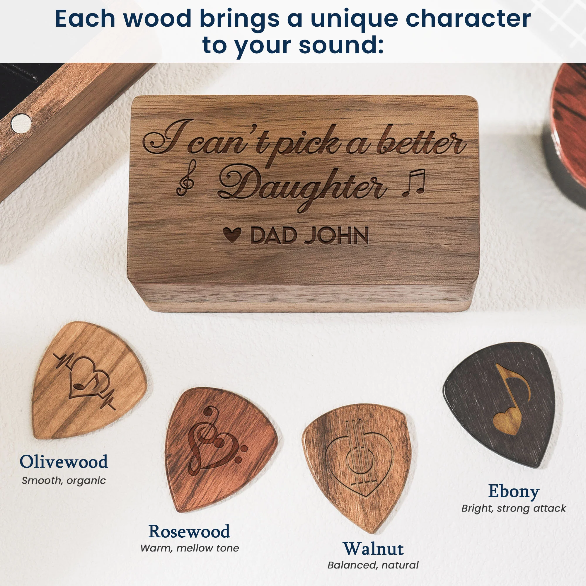 I Can't Pick A Better Daughter, Son - Personalized Wooden Guitar Pick Box - Image 2