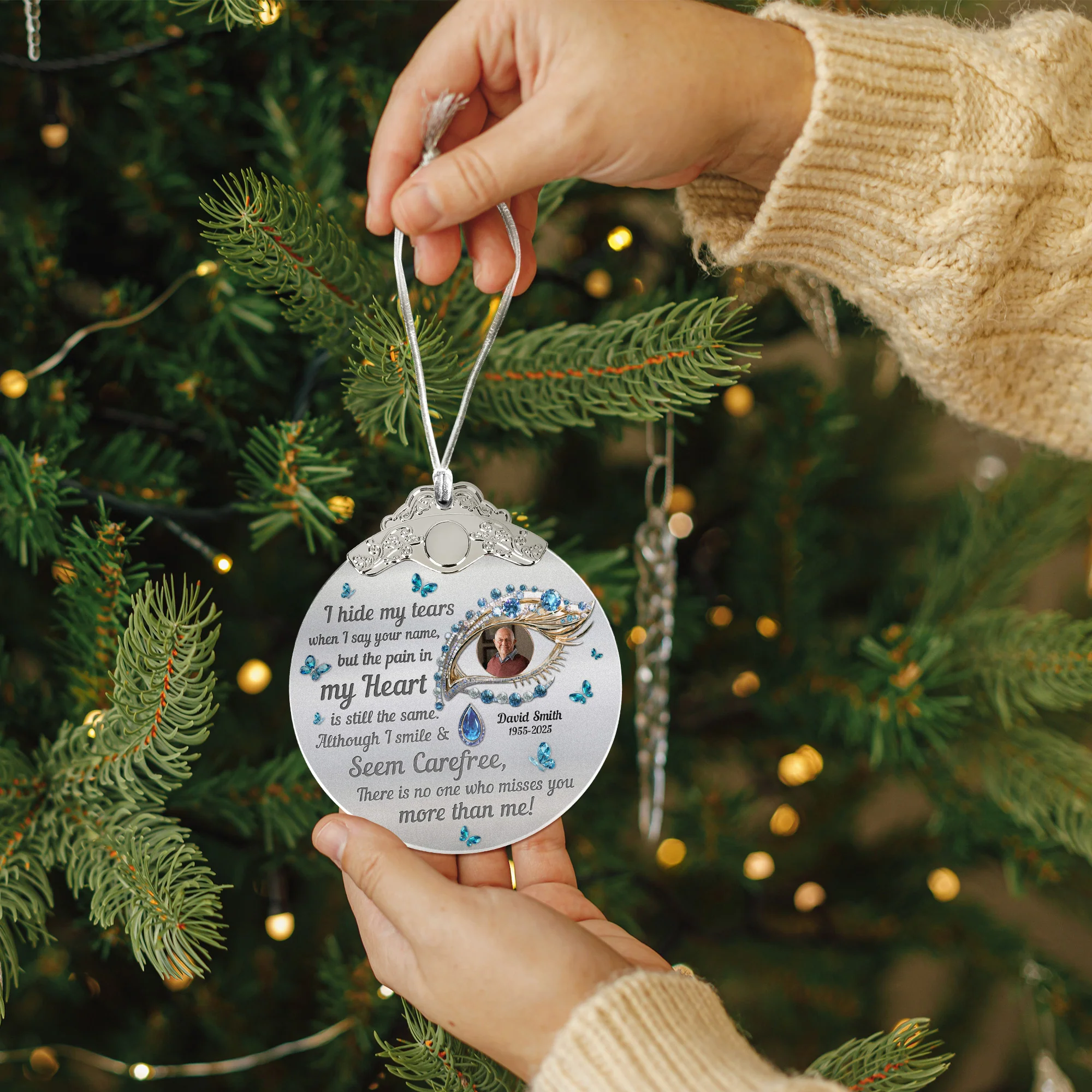 I Hide My Tears Memorial Loss Of Loved Ones - Personalized Glass Photo Ornament With Silver Cap - Image 6