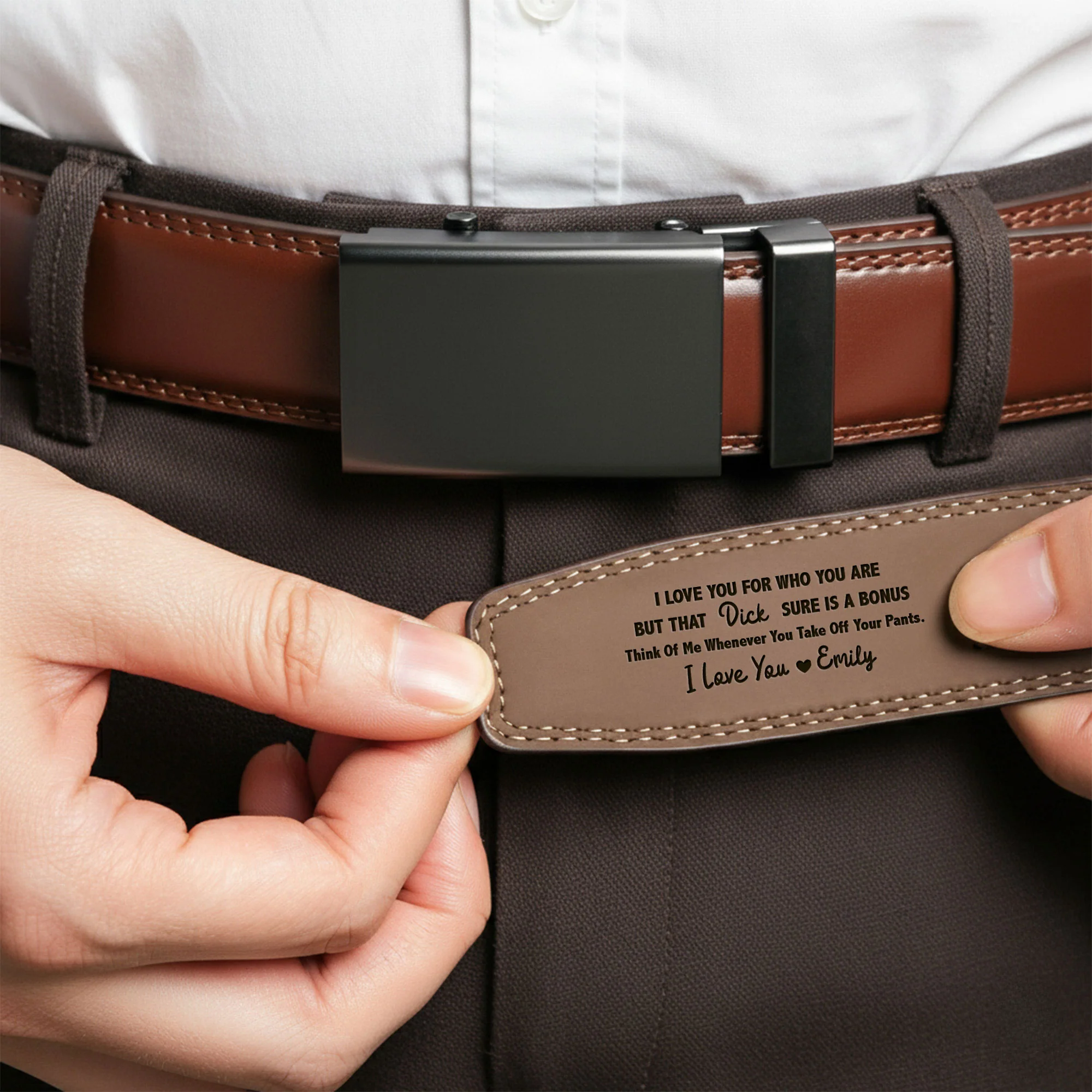 I Love You For Who You Are But That Sure Is A Bonus - Personalized Leather Belt With Engraved Buckle - Image 3