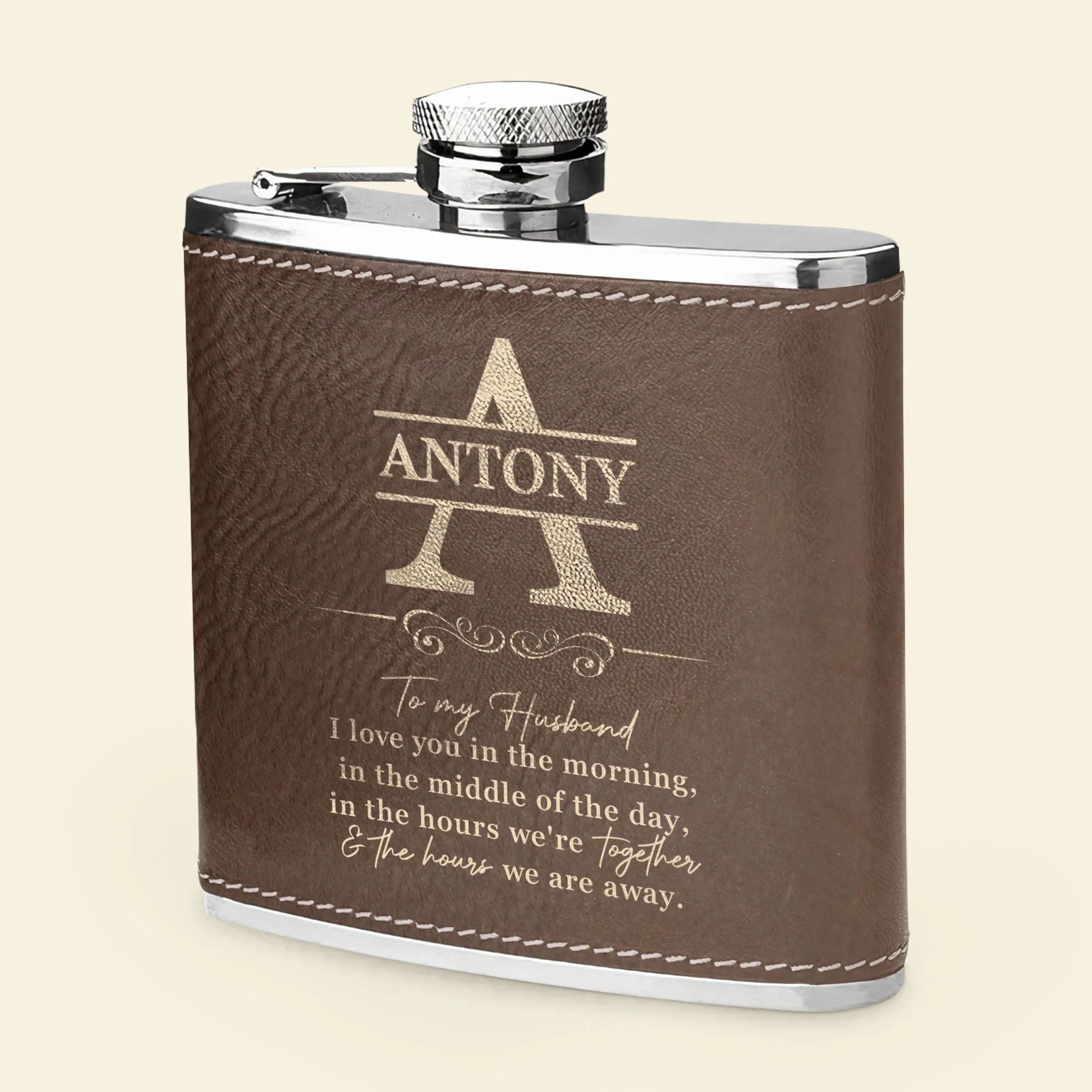I Love You In The Morning Monogram - Personalized Leather Flask - Image 4