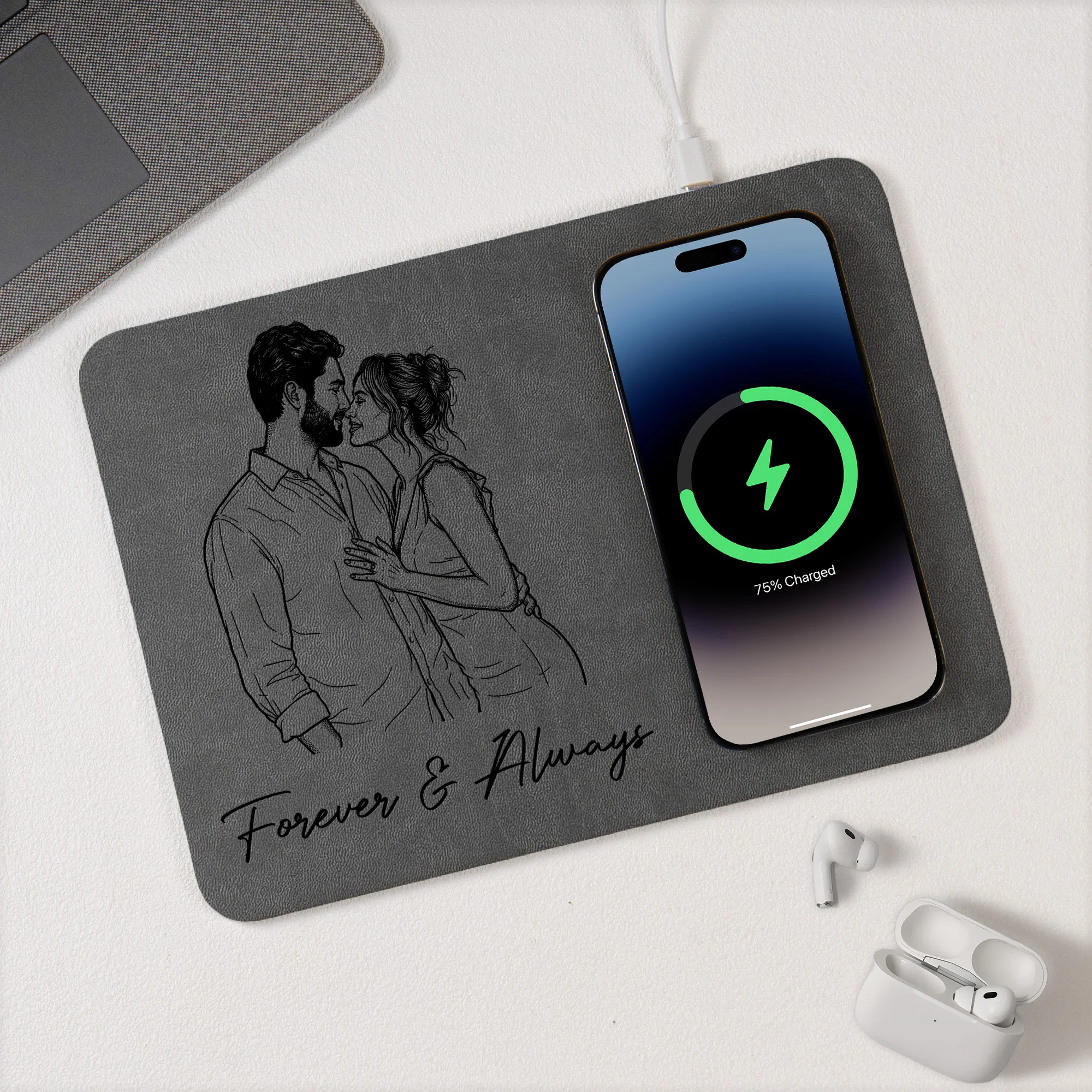 I Love You! Sketch Line Art Anniversary Gift For Him, Her - Personalized Charging Pad - Image 5