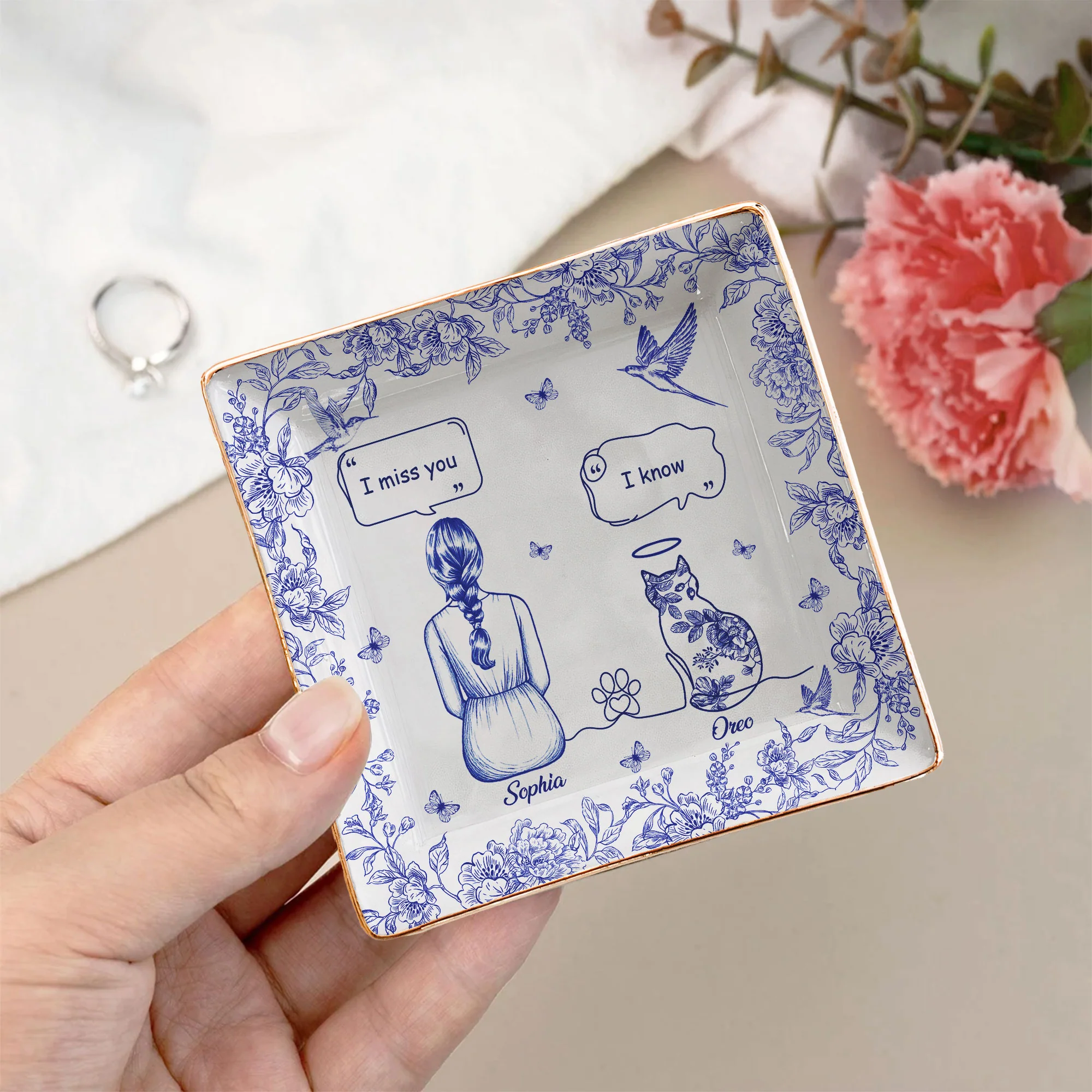 I Miss You Memorial Dog Cat Toile De Jouy - Personalized Jewelry Dish - Image 3