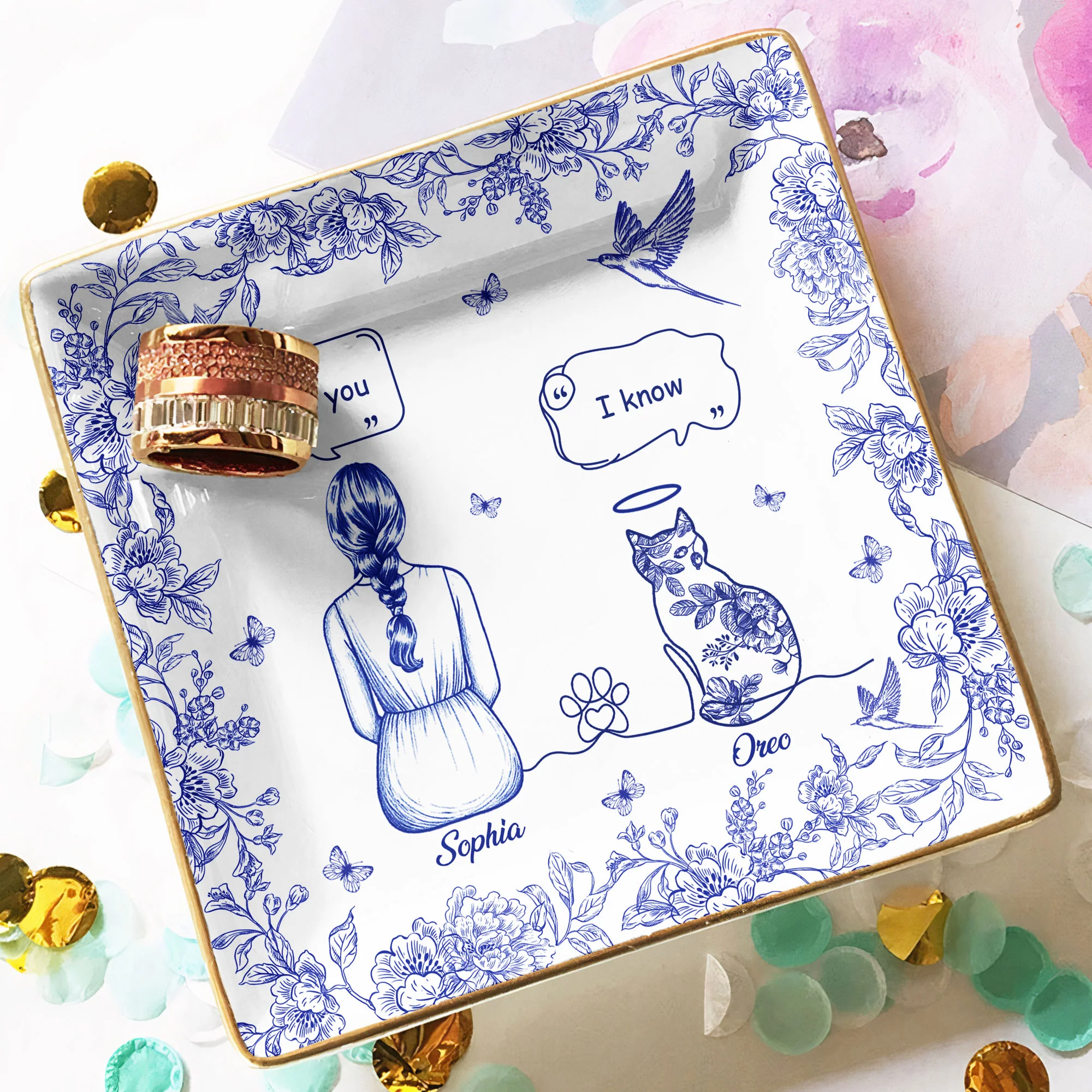 I Miss You Memorial Dog Cat Toile De Jouy - Personalized Jewelry Dish - Image 4