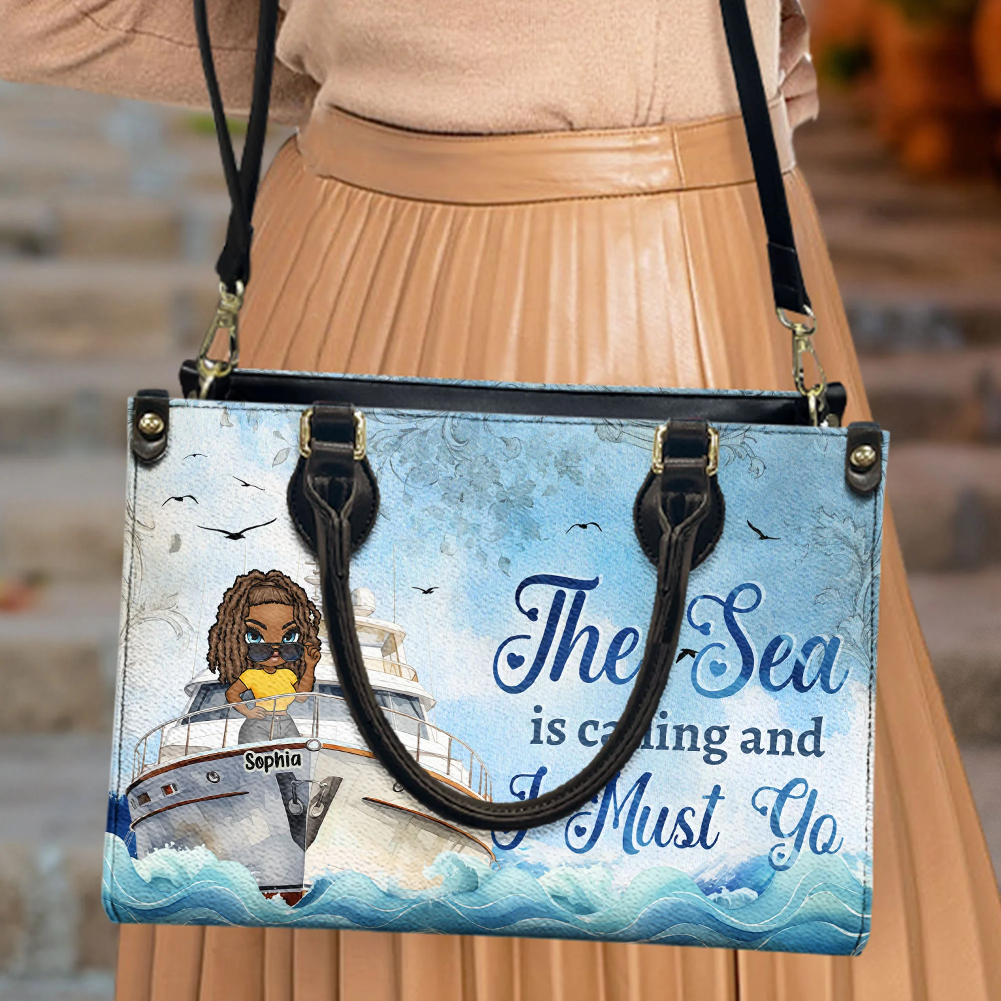 I Must Go Cause The Sea Is Calling - Personalized Leather Bag - Image 3