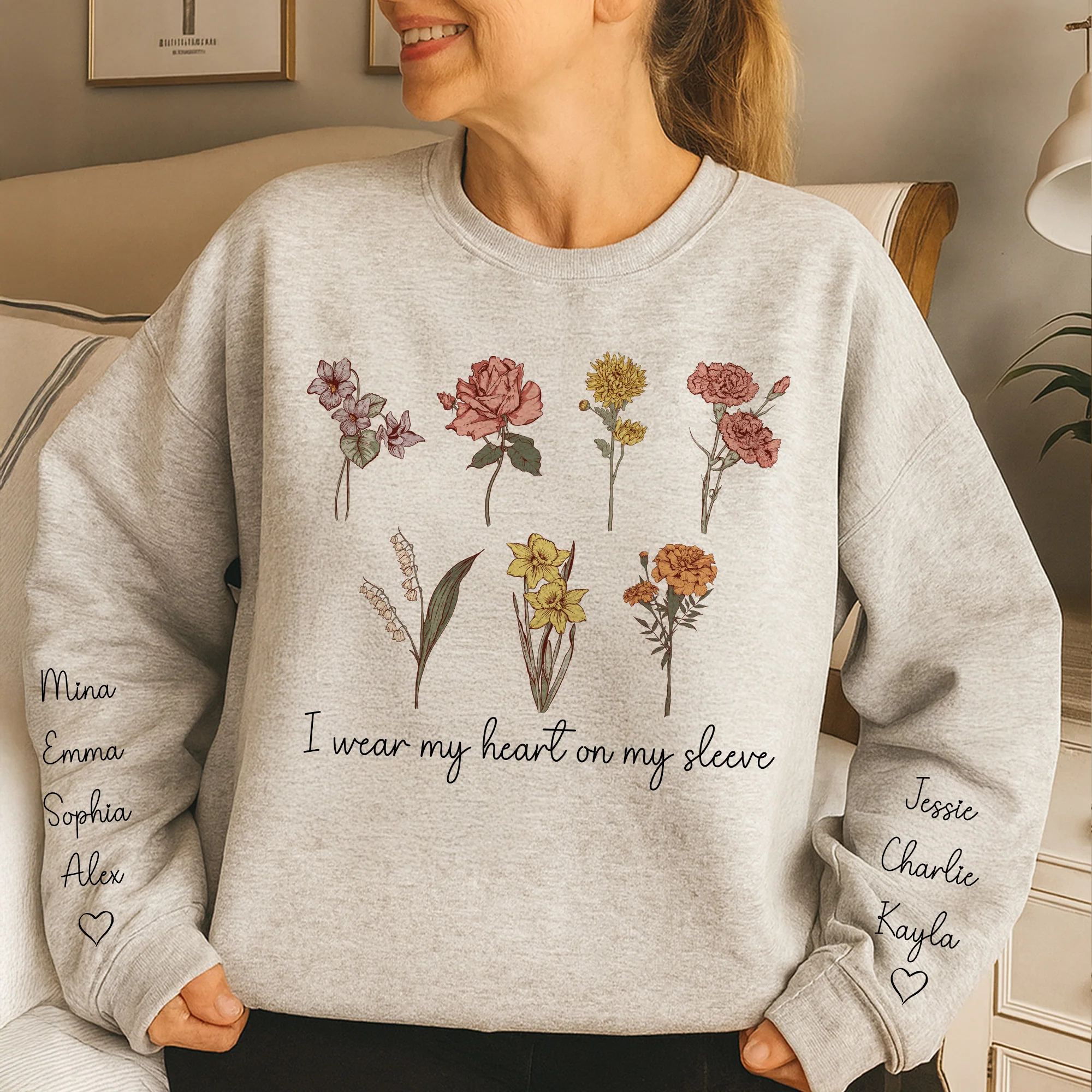 I Wear My Heart On My Sleeve Birth Month Flowers - Personalized Sweatshirt - Image 4