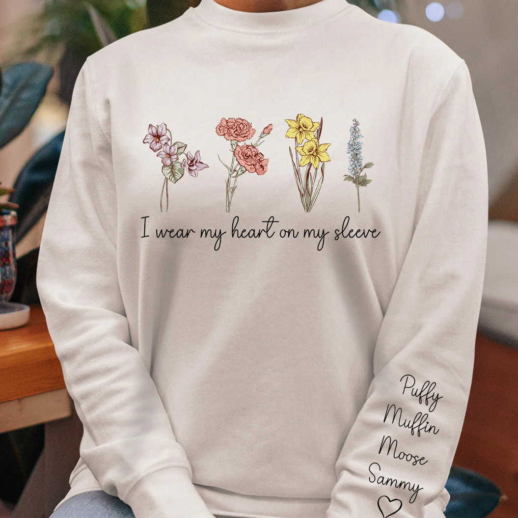 I Wear My Heart On My Sleeve Birth Month Flowers - Personalized Sweatshirt - Image 2