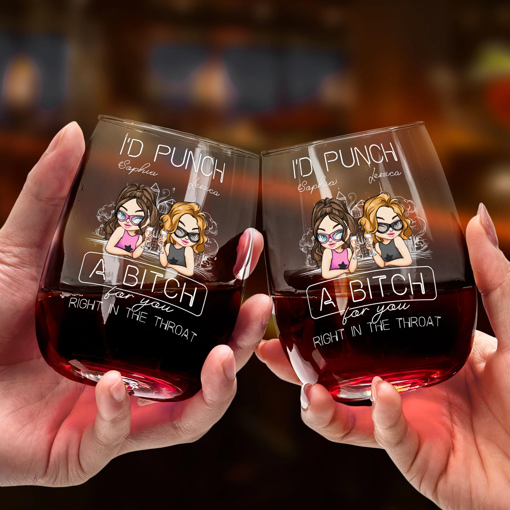 I'd Punch A Bitch For You Right In The Throat - Personalized Stemless Wine Glass - Image 2