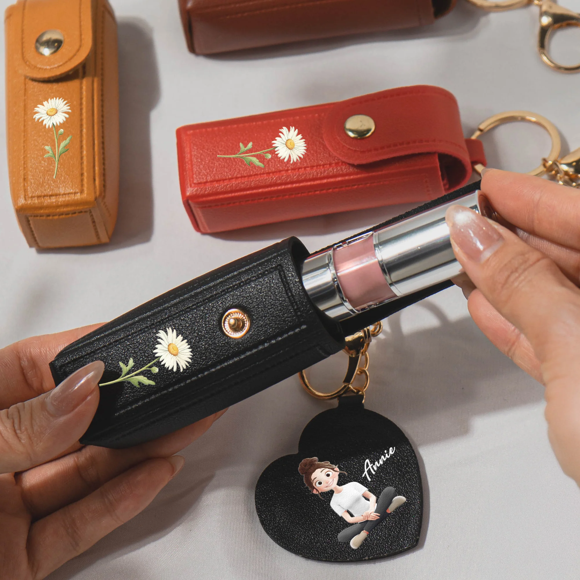 If Besties Were Flowers I'd Pick You Dark Ver - Personalized Leather Lipstick Case With Mirror Keychain - Image 3