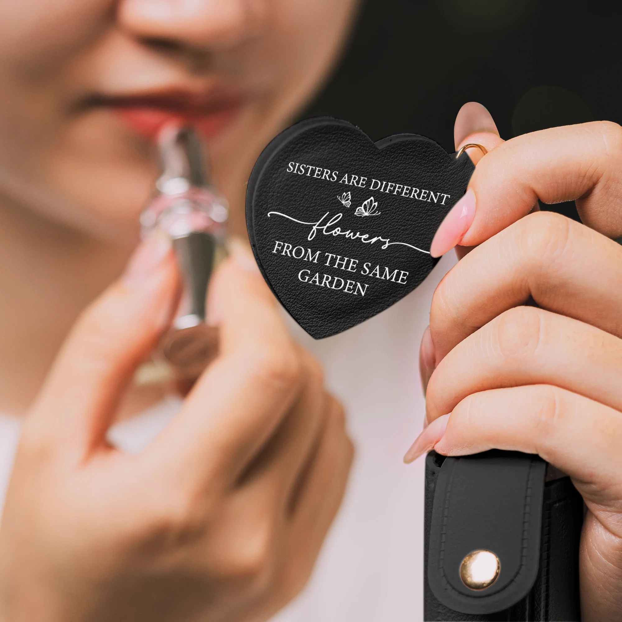 If Besties Were Flowers I'd Pick You Dark Ver - Personalized Leather Lipstick Case With Mirror Keychain - Image 4