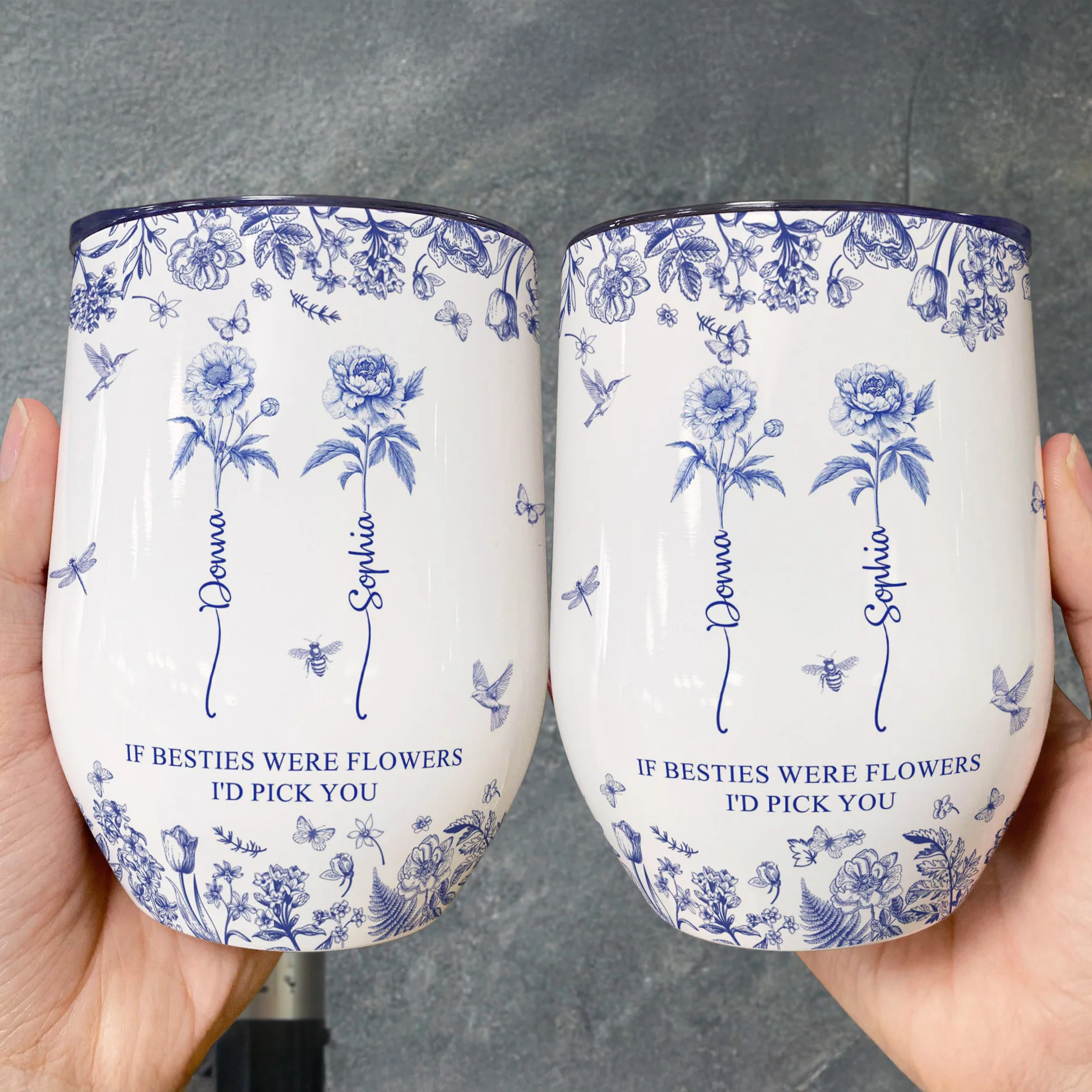 If Besties Were Flowers I'd Pick You - Toile De Jouy Birth Flower - Personalized Wine Tumbler - Image 2