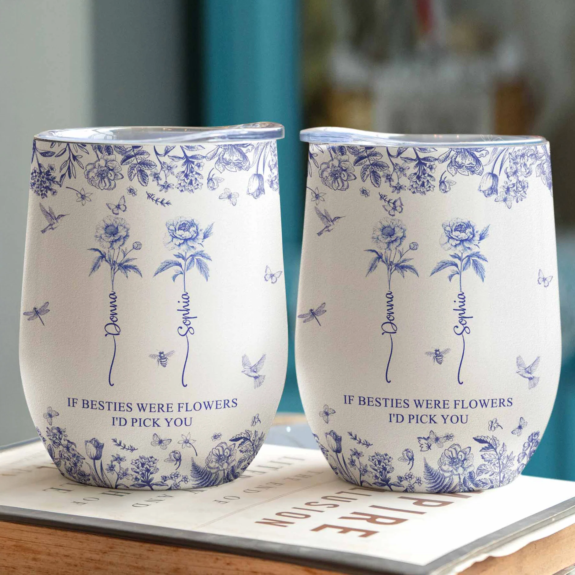 If Besties Were Flowers I'd Pick You - Toile De Jouy Birth Flower - Personalized Wine Tumbler - Image 3