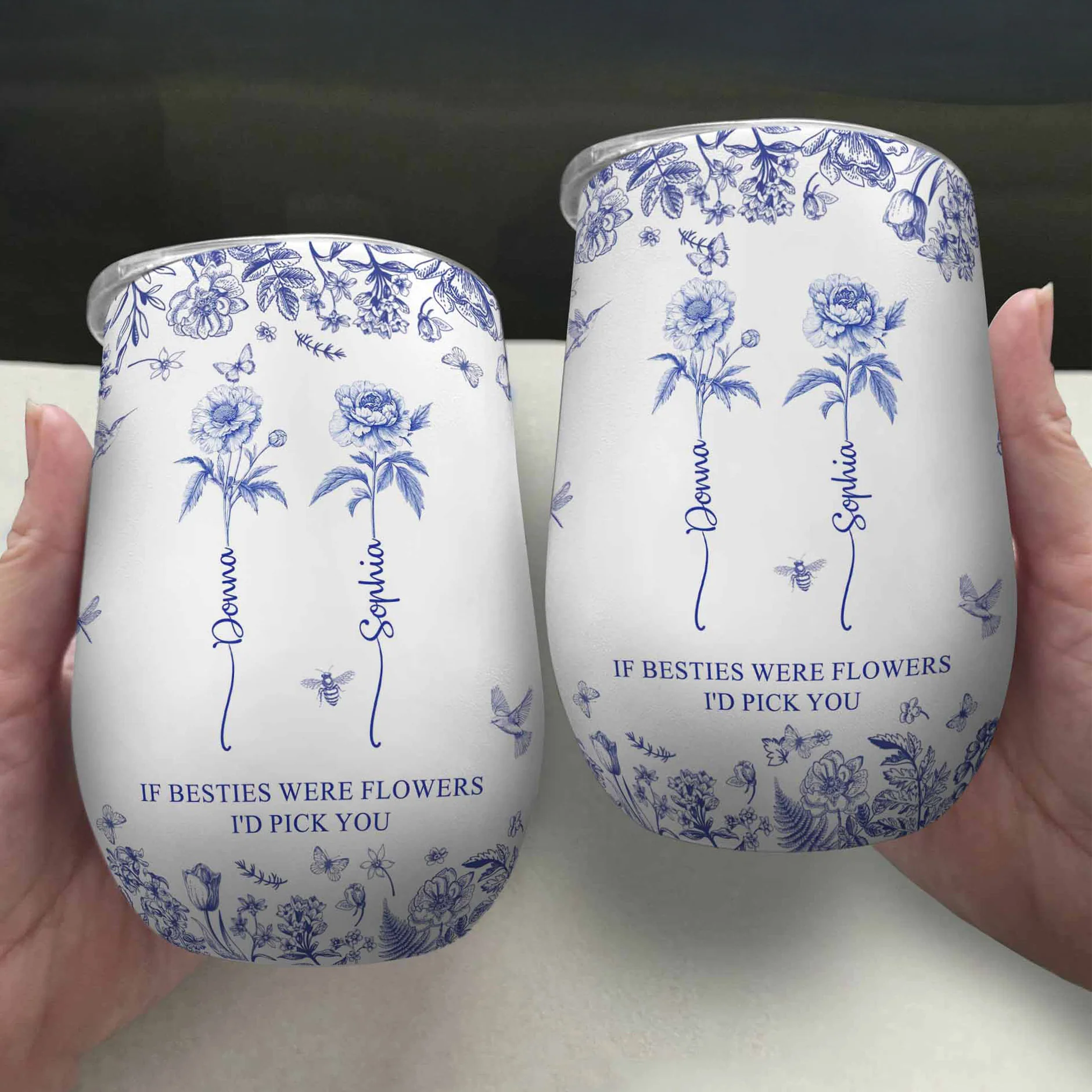 If Besties Were Flowers I'd Pick You - Toile De Jouy Birth Flower - Personalized Wine Tumbler - Image 4