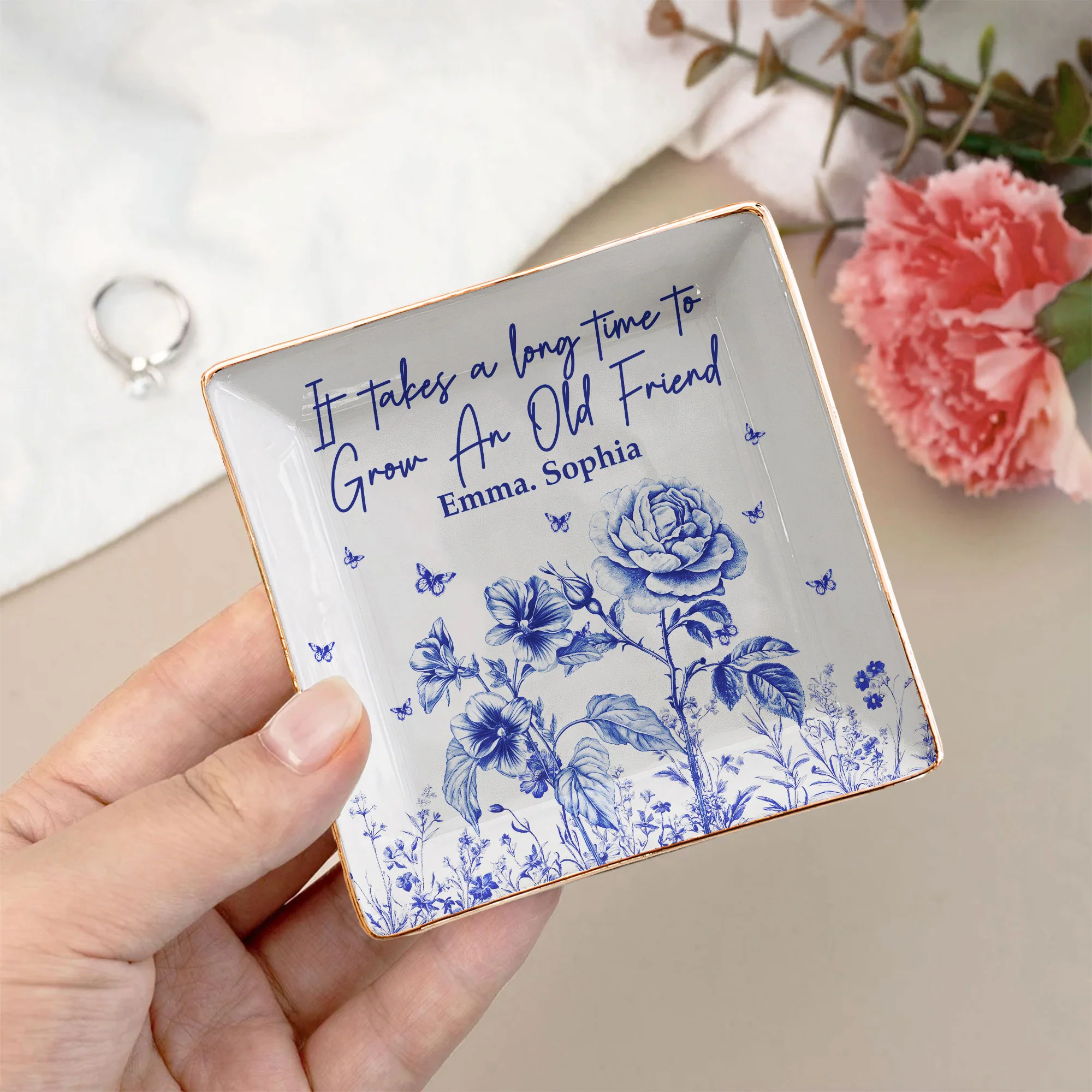 It Takes A Long Time To Grow An Old Friend Toile De Jouy Style - Personalized Jewelry Dish - Image 3