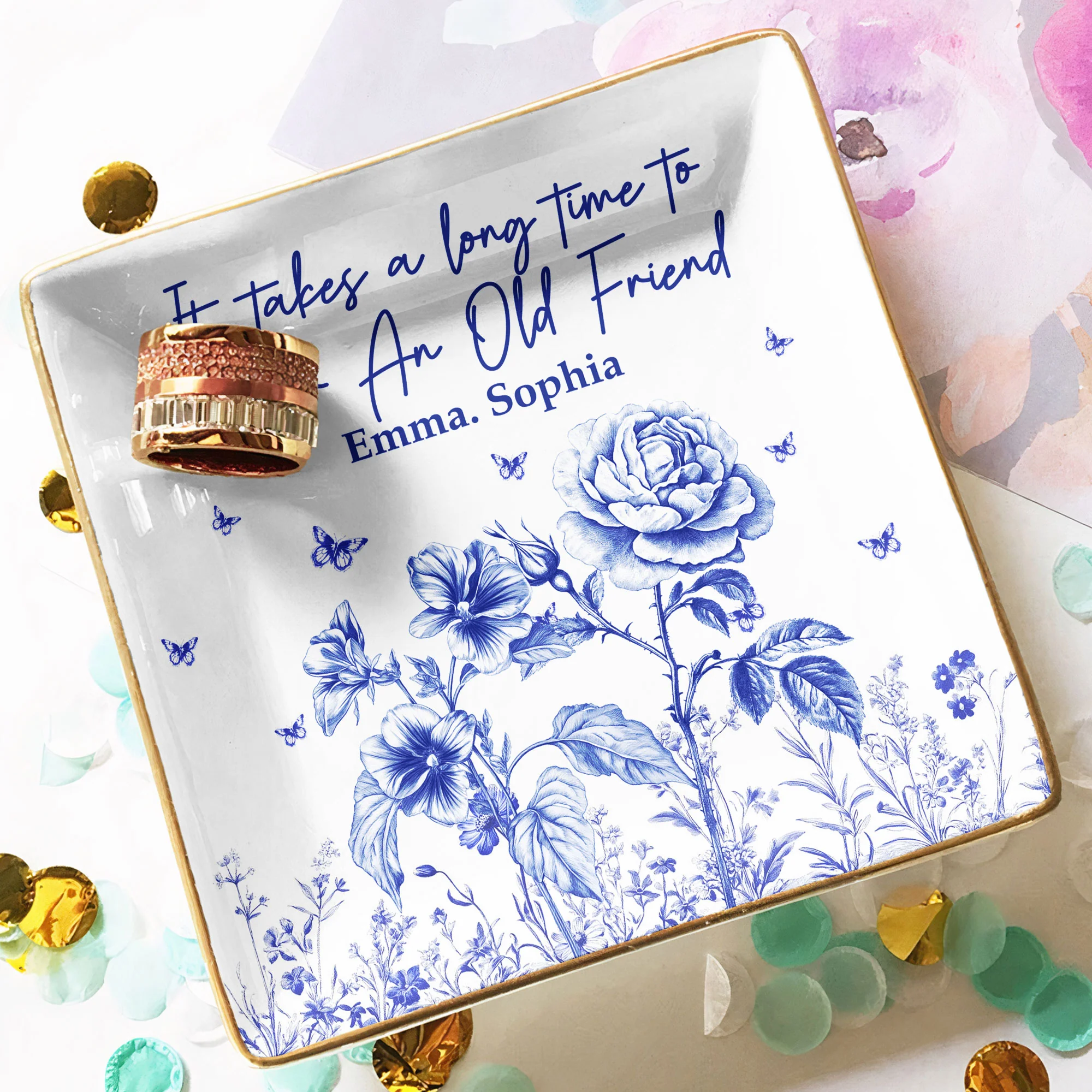 It Takes A Long Time To Grow An Old Friend Toile De Jouy Style - Personalized Jewelry Dish - Image 4