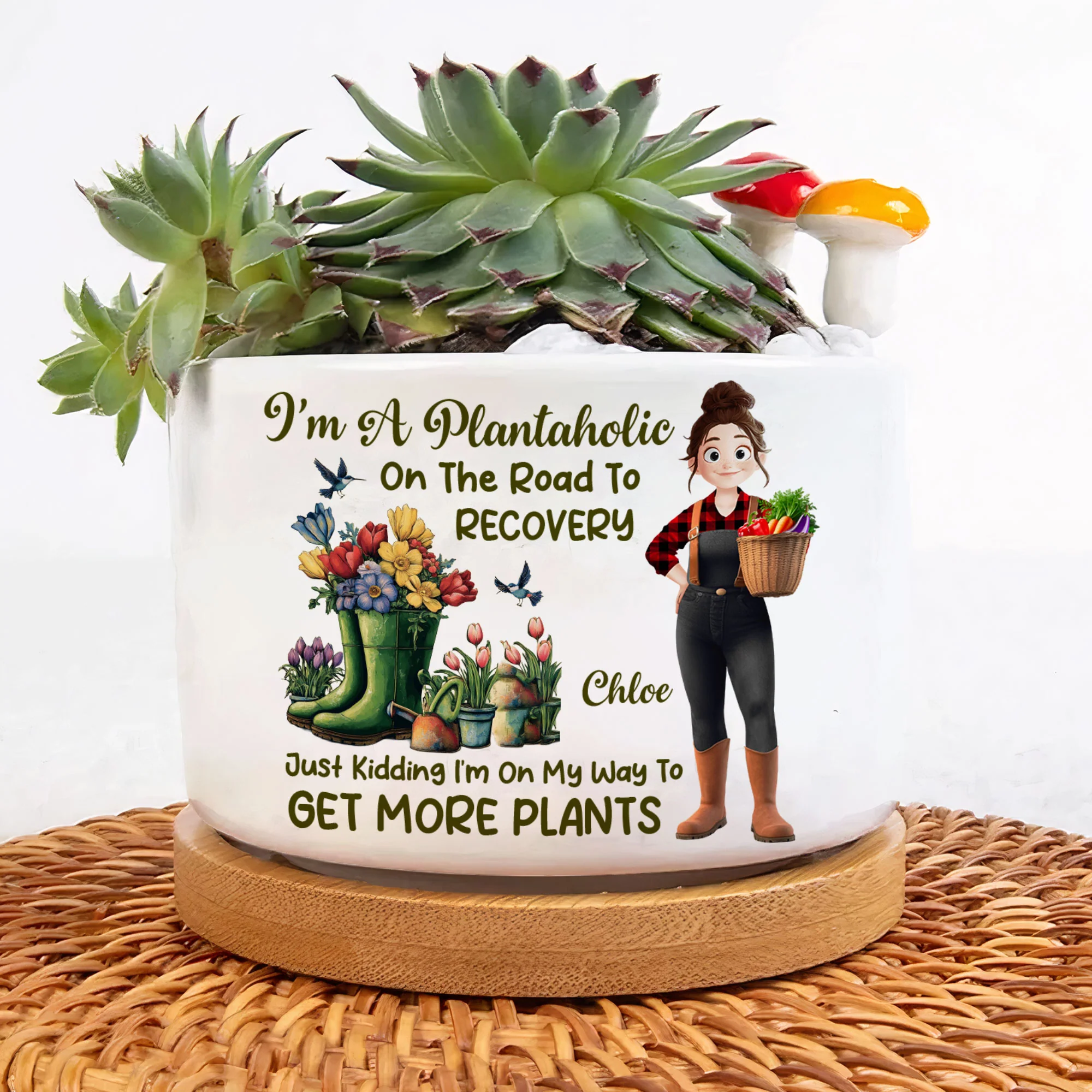 I'm A Plantaholic On The Road To Recovery Cartoon - Personalized Ceramic Plant Pot With Tray - Image 3