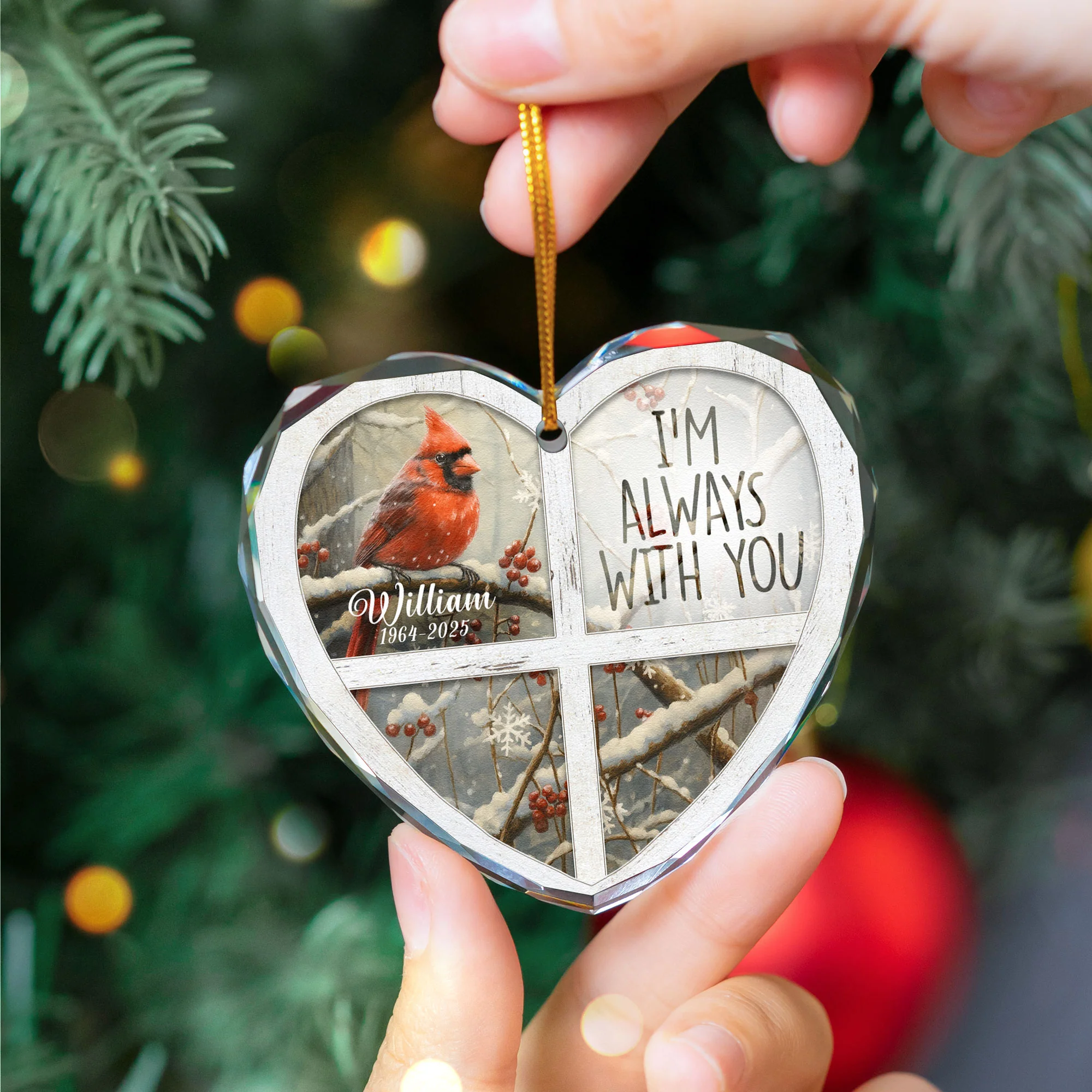 I'm Always With You Red Cardinal - Personalized Heart Glass Ornament - Image 4