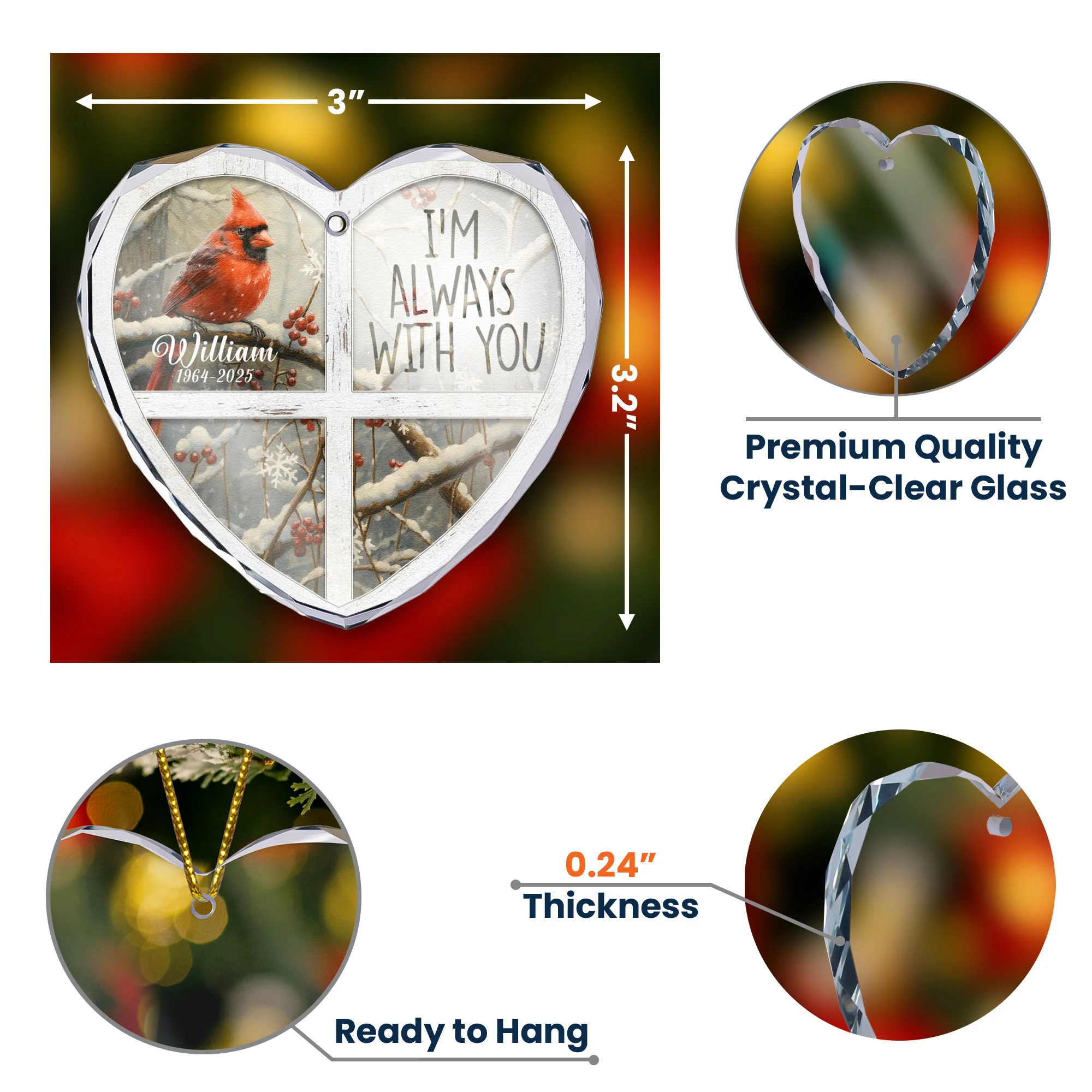 I'm Always With You Red Cardinal - Personalized Heart Glass Ornament - Image 6