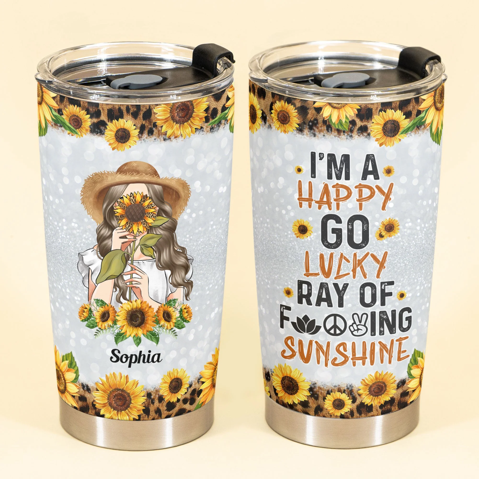 I'm Happy Go Lucky - Personalized Tumbler Cup - Birthday Gift For Girl, Woman, Hippie - Sunflower Girl - Image 2
