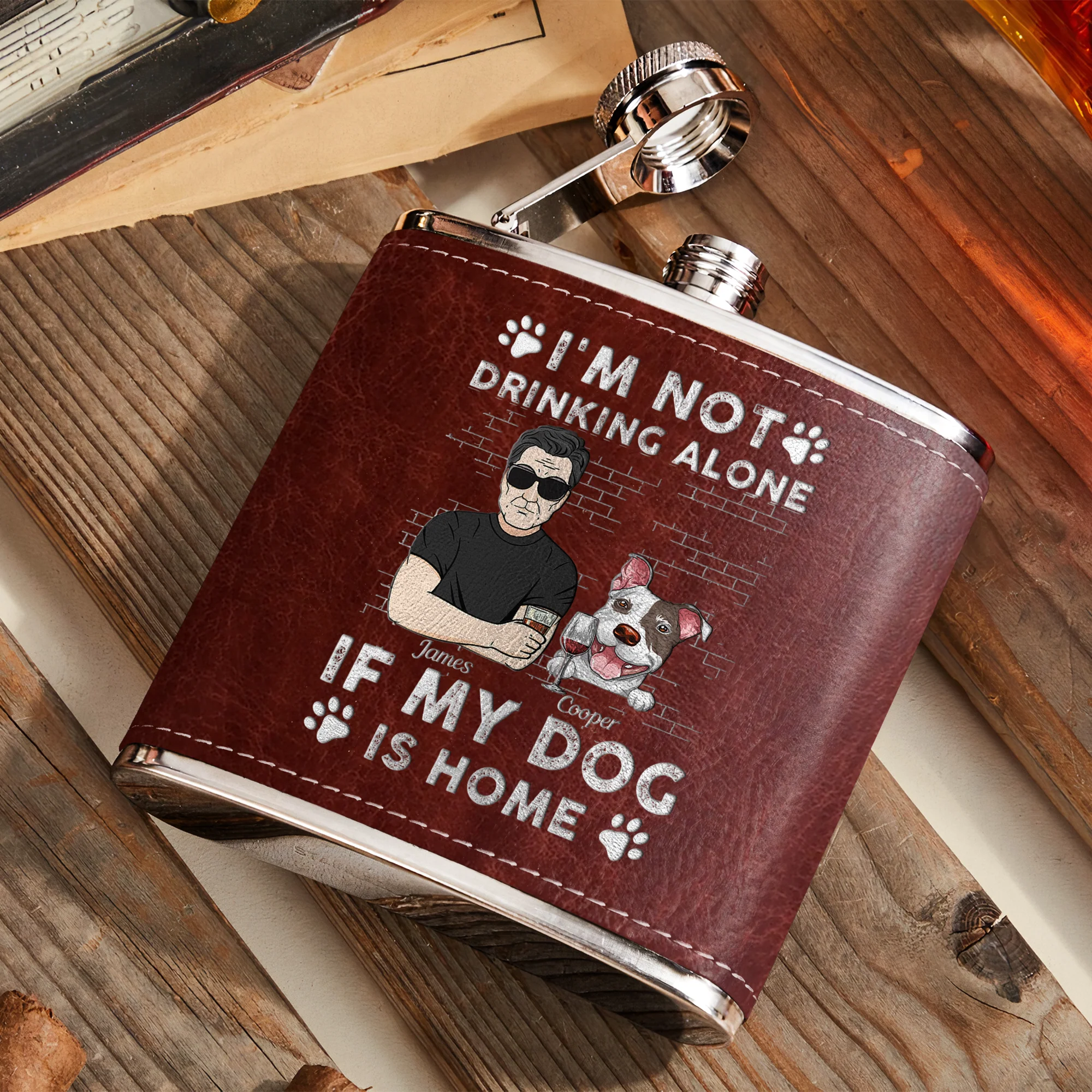I'm Not Drinking Alone If My Pets Are Home - Personalized Leather Flask - Image 3