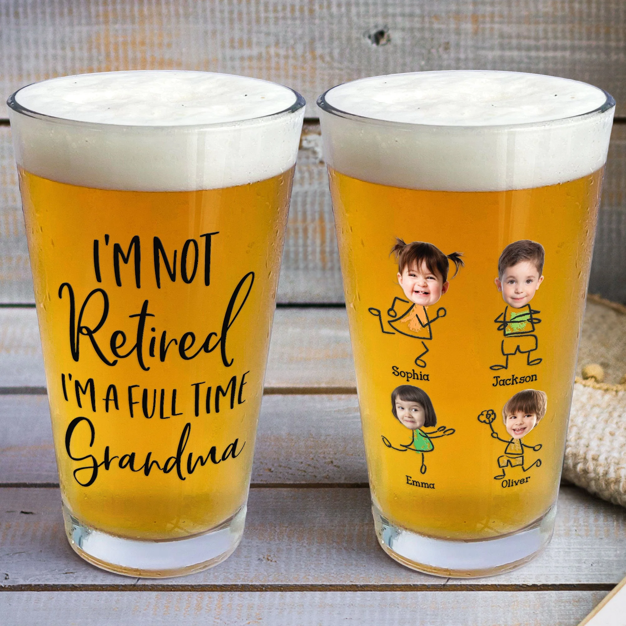 I'm Not Retired I'm A Full-Time Grandpa/Grandma - Personalized Photo Beer Glass - Image 4