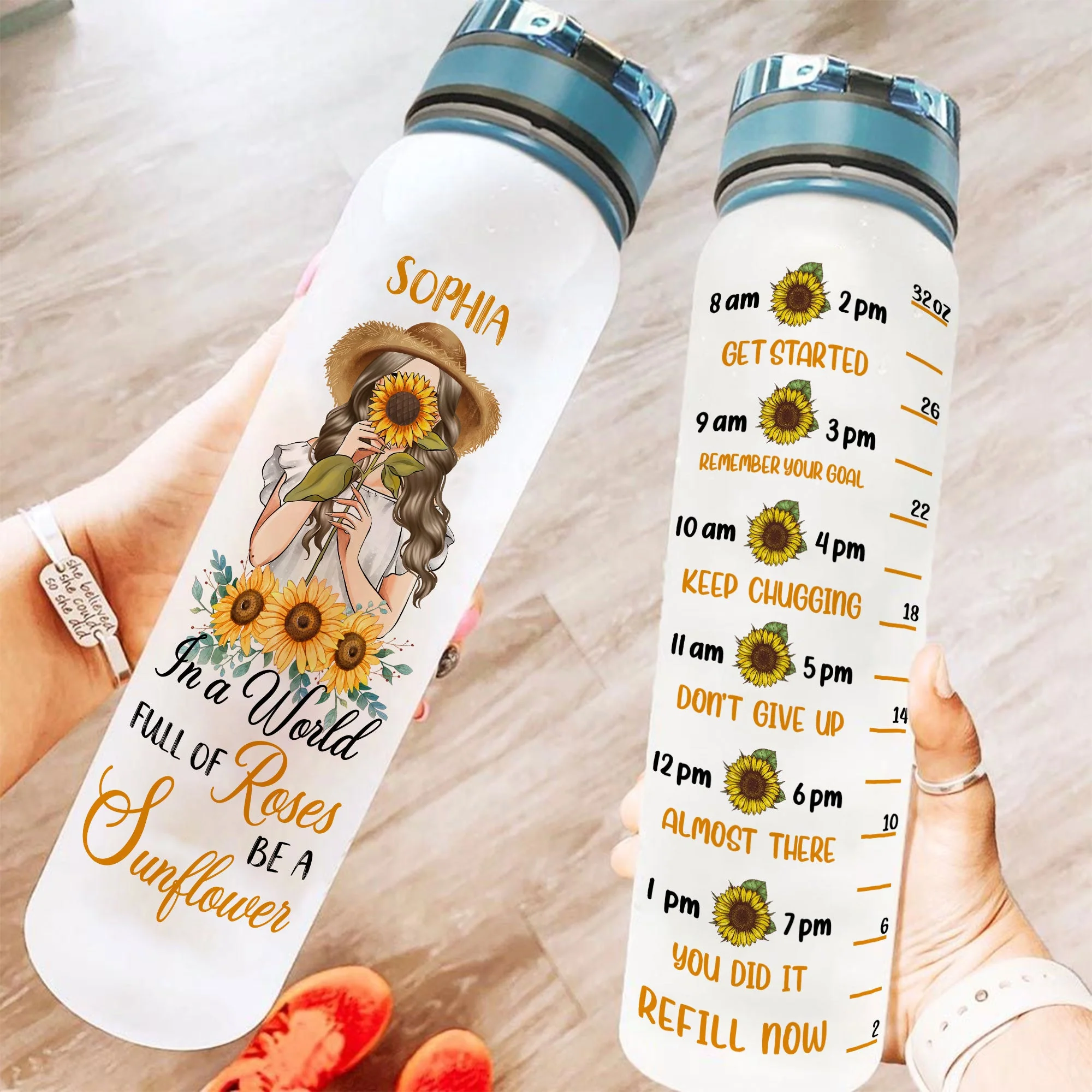 In A World Full Of Roses Be A Sunflower - Personalized Water Bottle With Time Marker - Birthday, Motivation Gift For Her, Girl, Woman - Image 2
