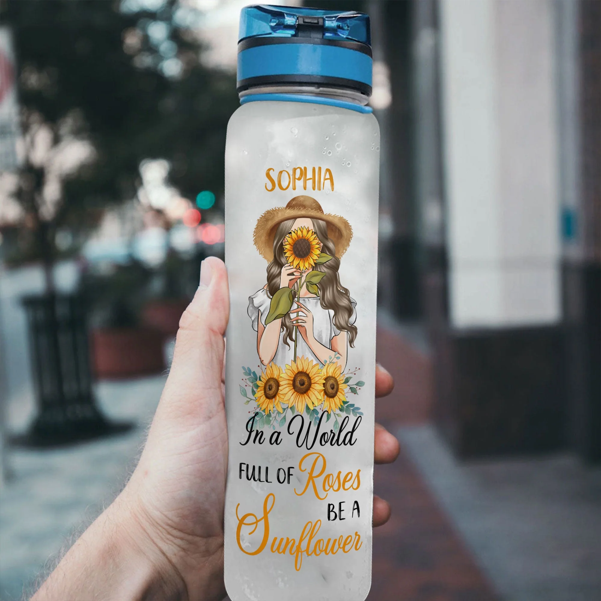 In A World Full Of Roses Be A Sunflower - Personalized Water Bottle With Time Marker - Birthday, Motivation Gift For Her, Girl, Woman - Image 3