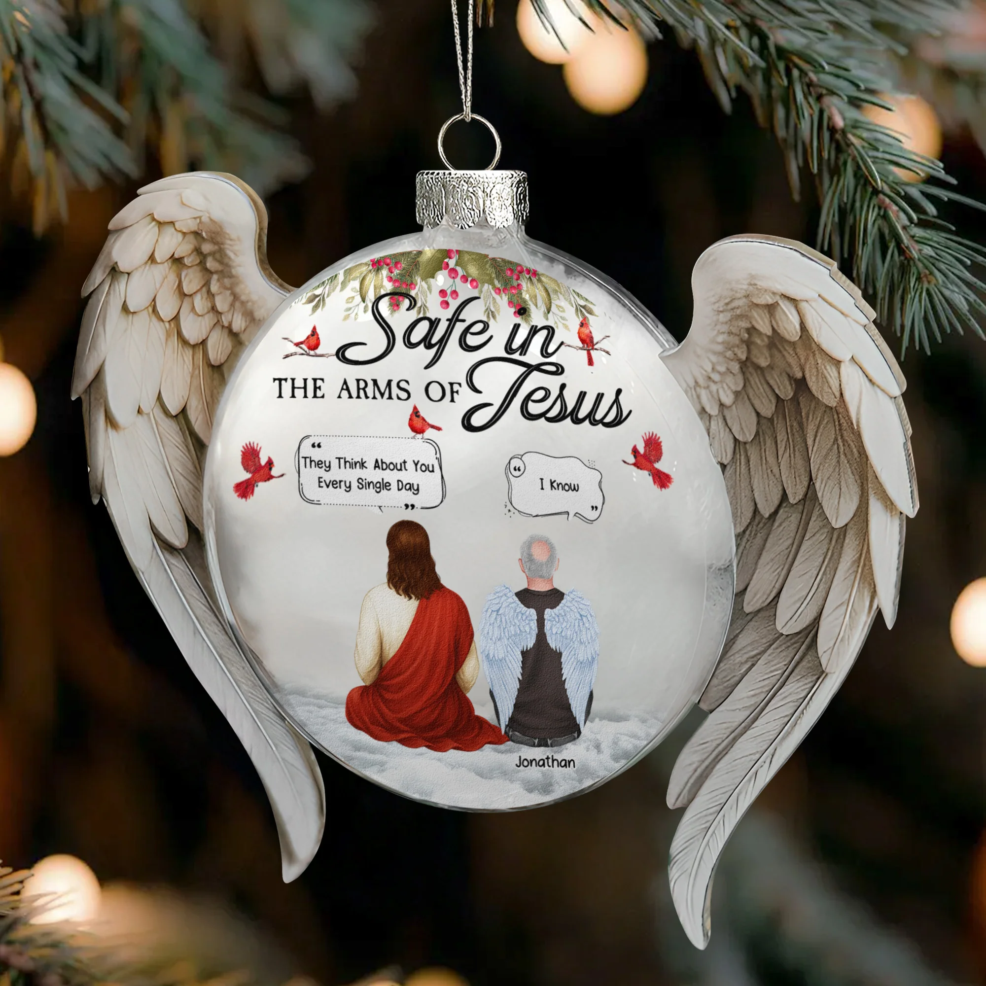 In The Arms Of Jesus Memorial With God - Personalized Memorial Glass Ornament - Image 2