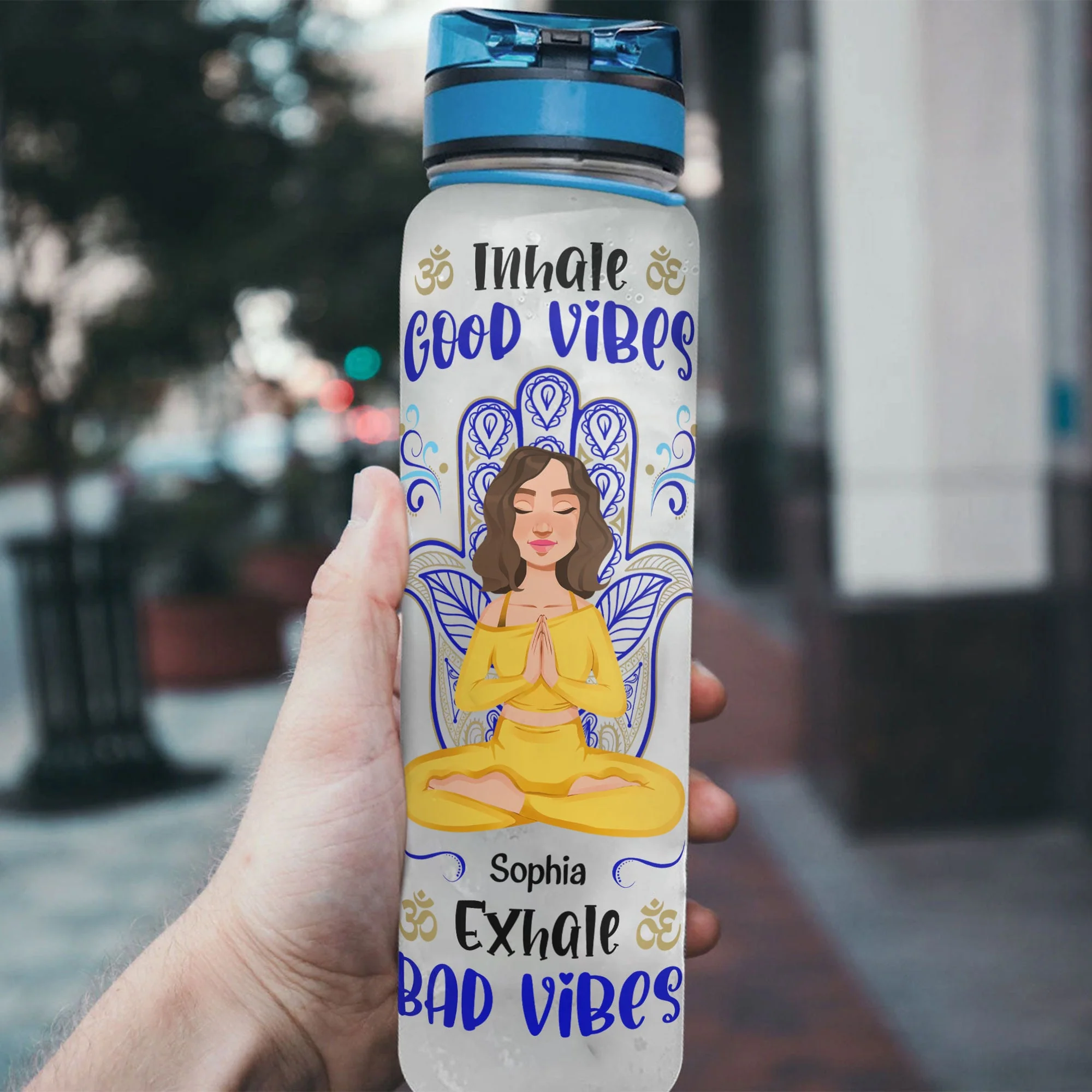 Inhale Good Vibes , Exhale Bad Vibes - Personalized Water Bottle With Time Marker - Image 3