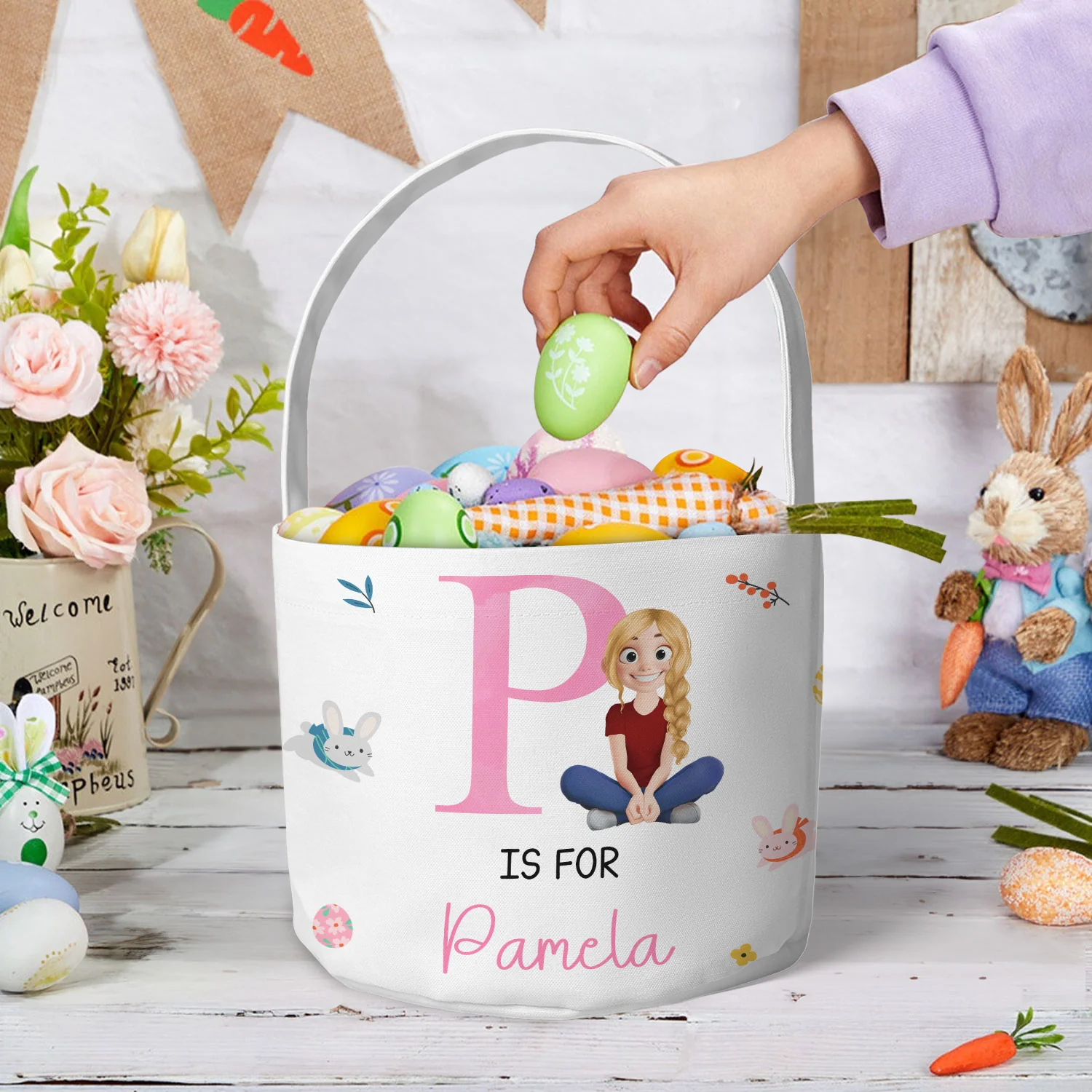 Initial Name Cute Cartoon - Personalized Easter Basket - Image 3