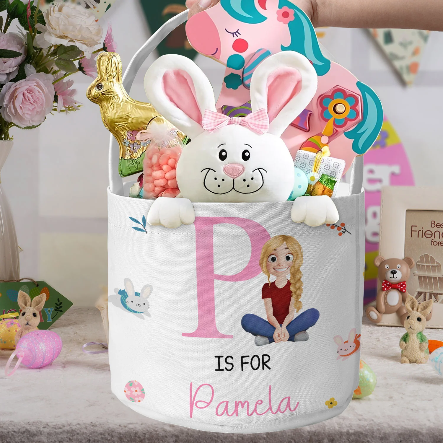 Initial Name Cute Cartoon - Personalized Easter Basket - Image 4