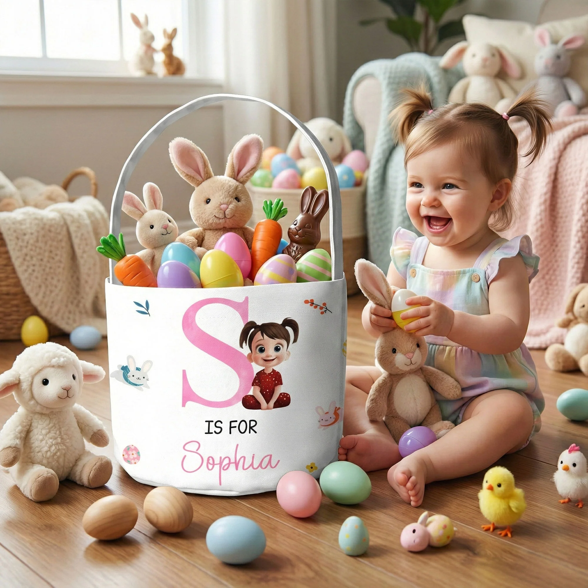 Initial Name Cute Cartoon - Personalized Easter Basket - Image 5