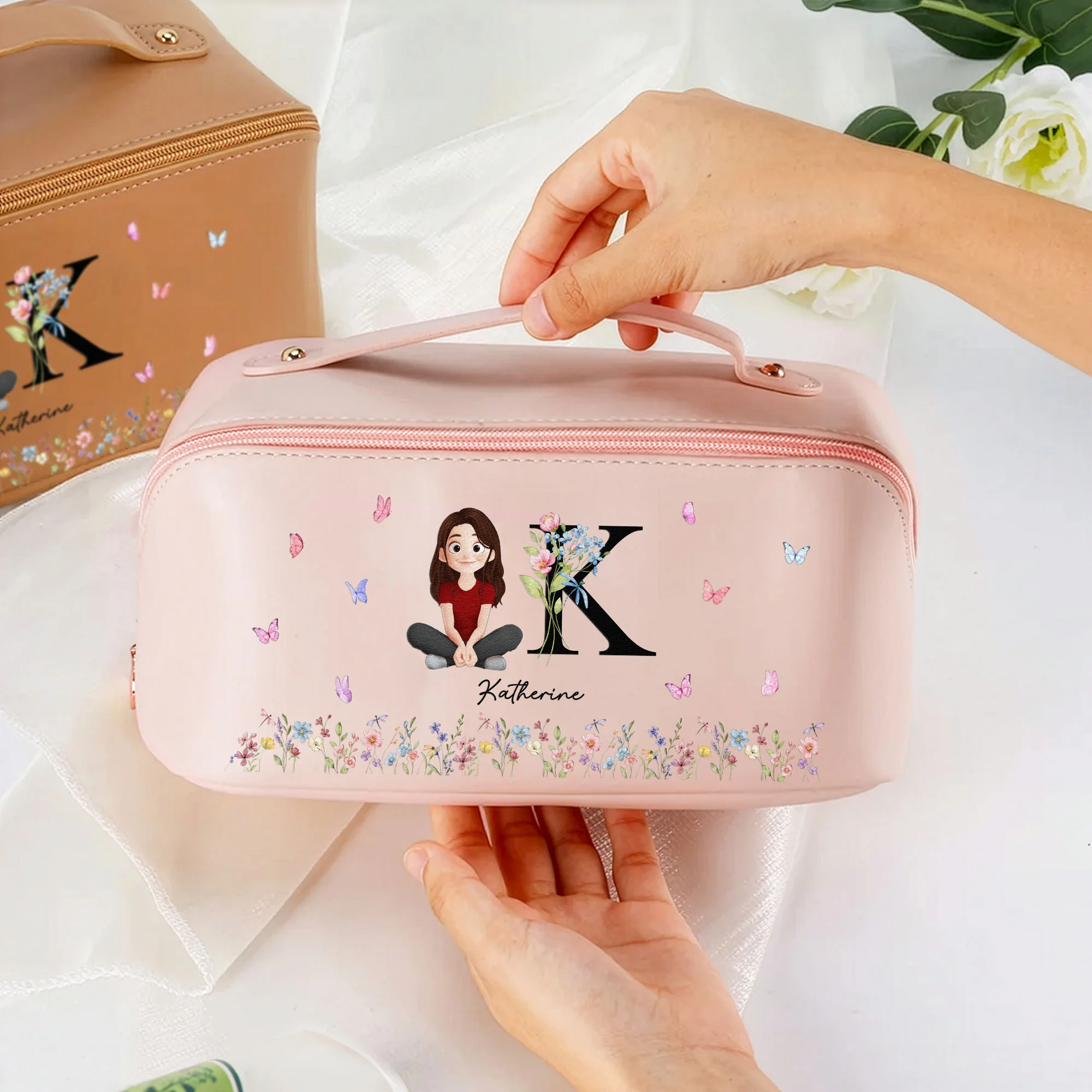 Initial Name Floral - Personalized Leather Makeup Bag - Image 5