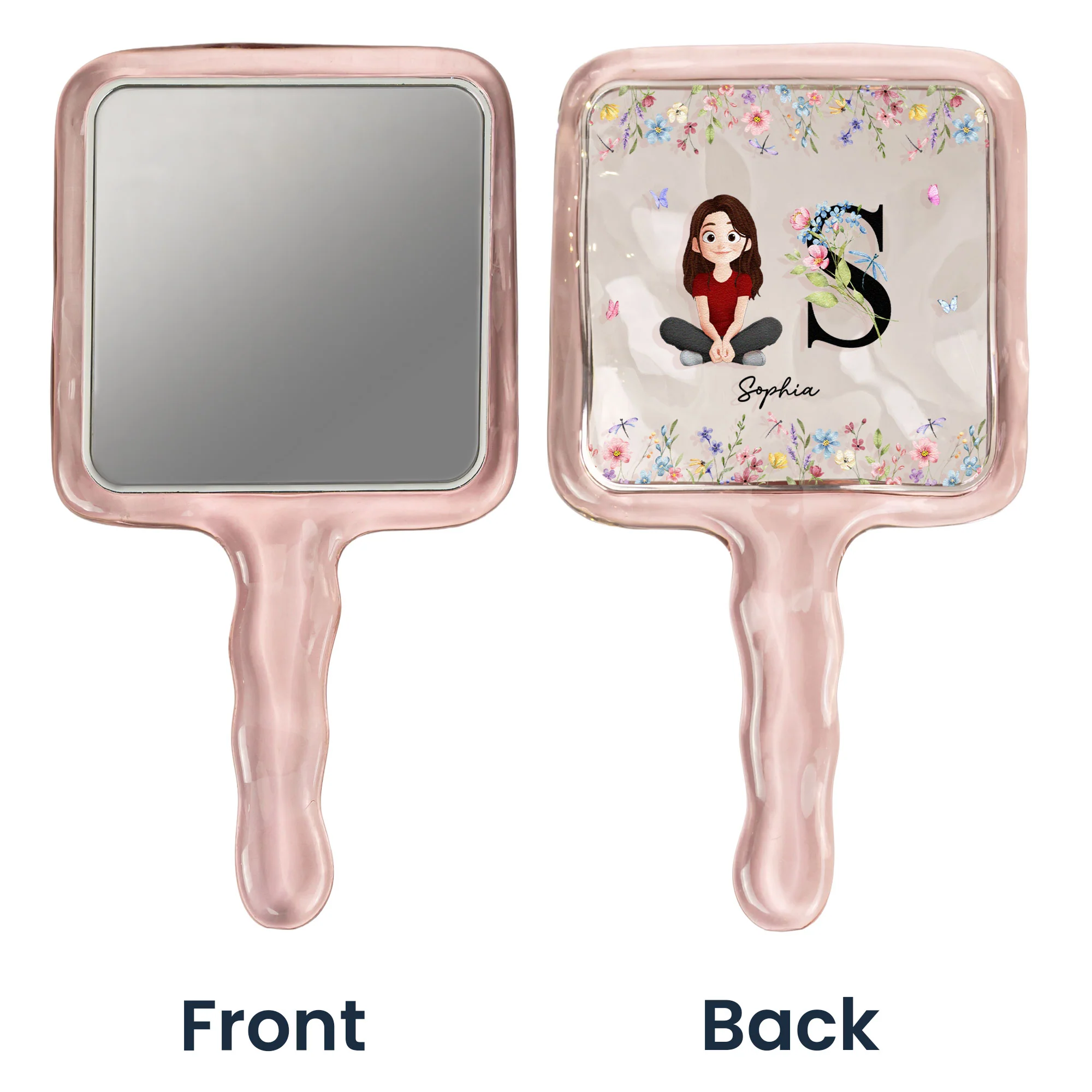 Initial Name With Floral - Personalized Handheld Mirror - Image 2