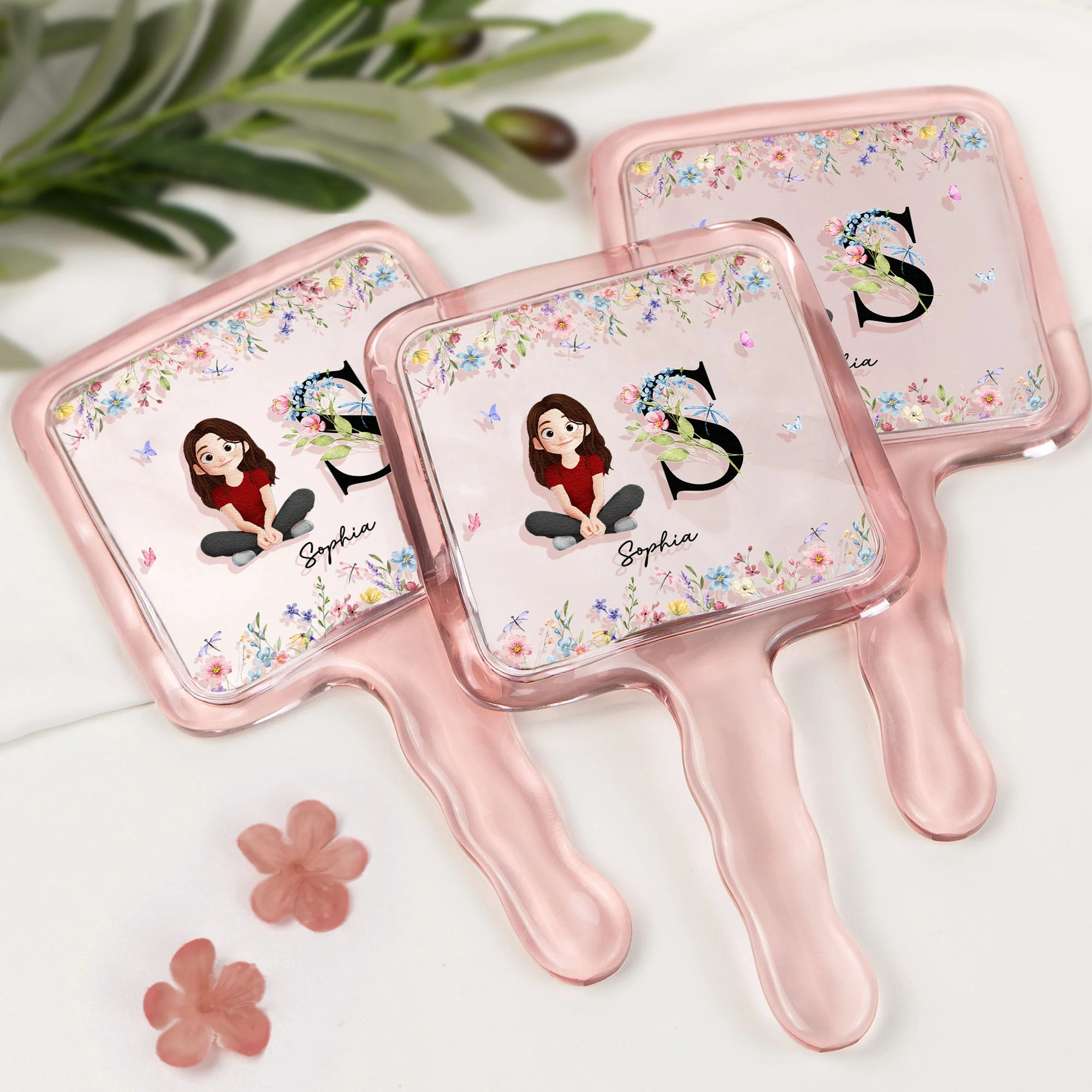 Initial Name With Floral - Personalized Handheld Mirror - Image 3